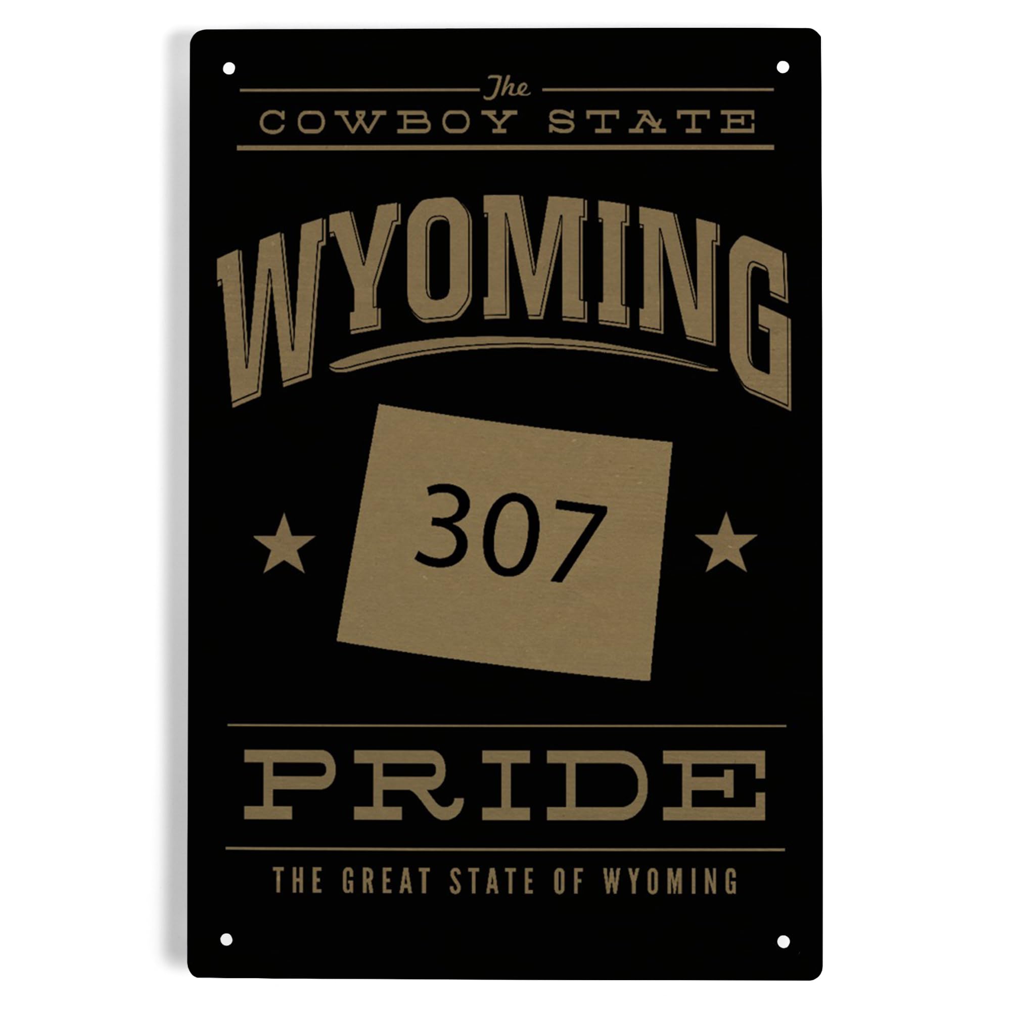 Lantern Press 6x9 Inch Wyoming State Pride Metal Sign - 307 Area Code Design in Gold on Black - Perfect for Home Office Bar Garage Decor