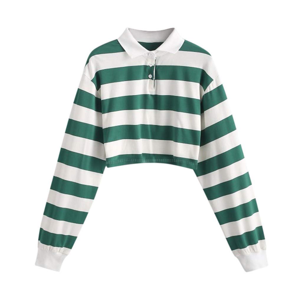 Women's Long Sleeve Striped Crop Top Hoodie - Button Front Pullover Sweatshirt in Green | Casual Streetwear, Layering Essential, Spring/Fall Fashion Outfit