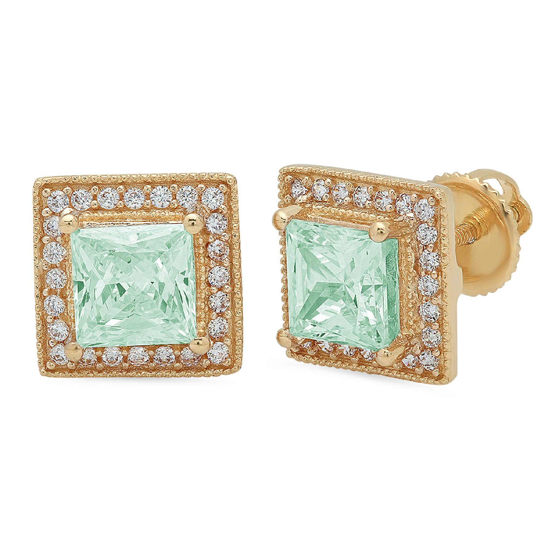 2.24cttw Princess Cut Halo Solitaire Simulated Diamond Stud Earrings in Light Sea Green CZ - 14K Yellow Gold Screw Back for Women & Men | Perfect Anniversary, Birthday Gift for Her, Wedding, Party & Everyday Wear