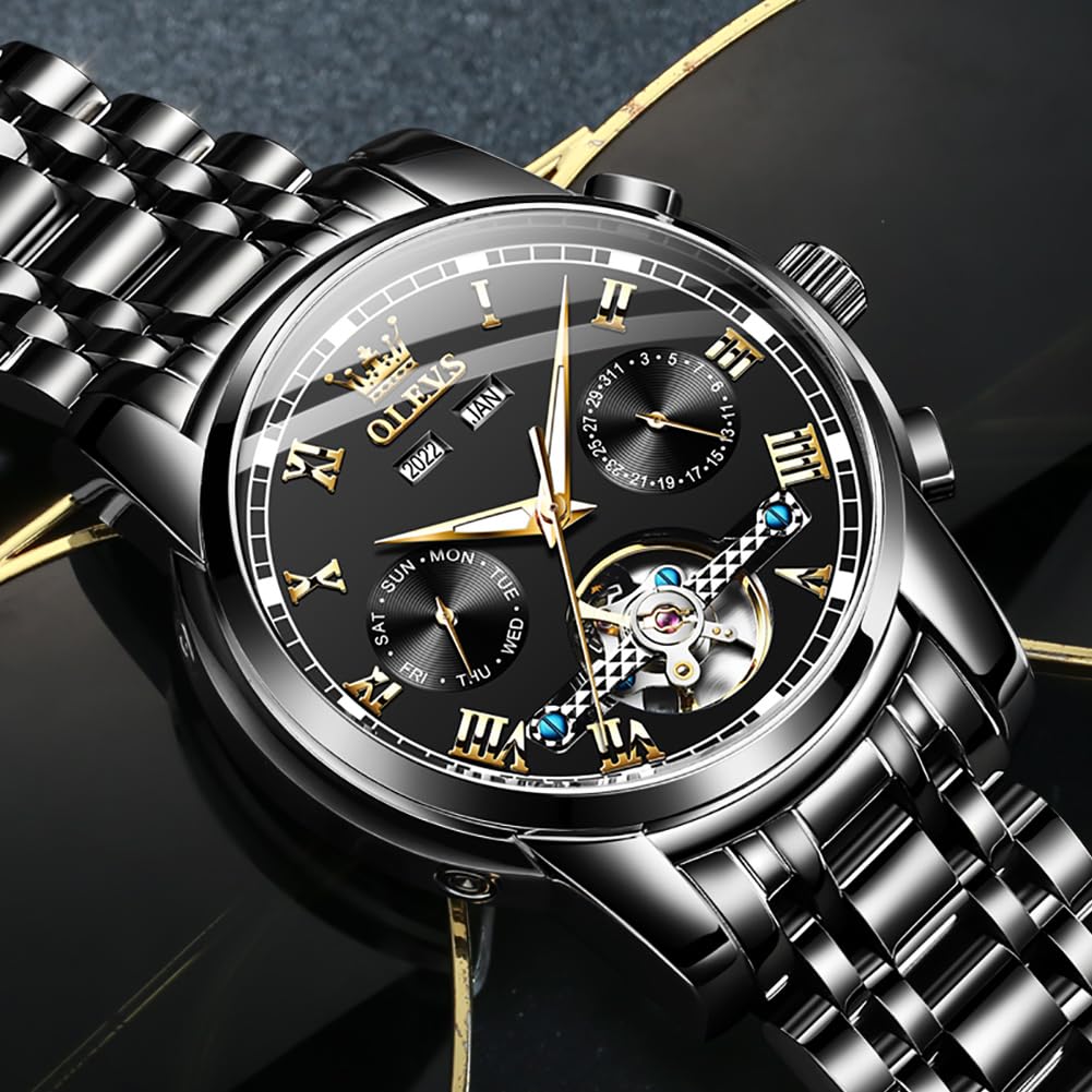 OLEVS Men's Automatic Self-Winding Tourbillon Watch - Luxury Stainless Steel Dress Watch with Luminous Hands & Waterproof Design - Perfect for Business, Formal Events & Everyday Wear
