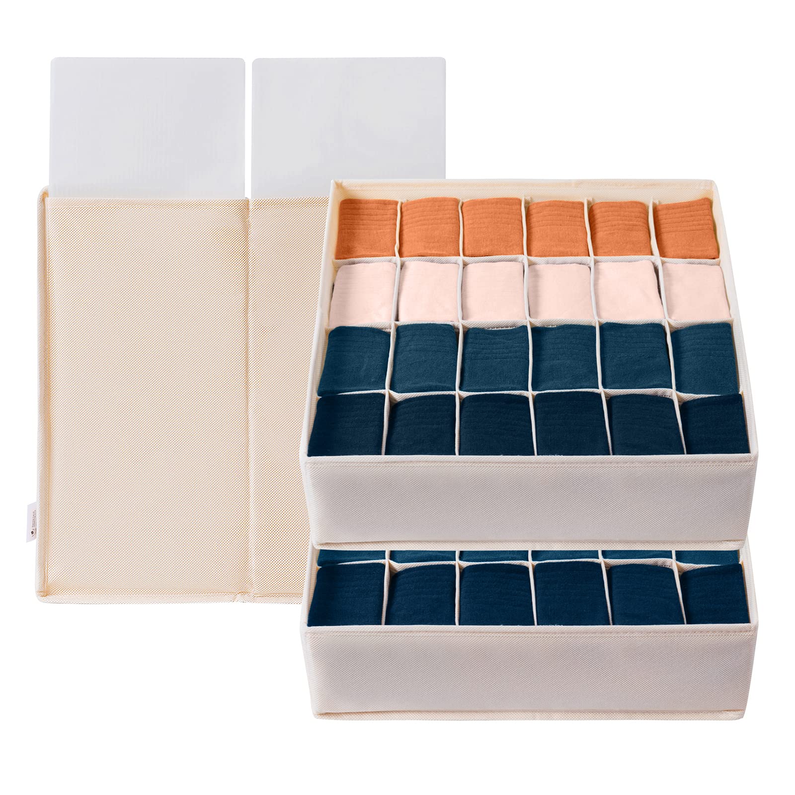 3-Pack Underwear & Sock Drawer Organizer with Solid Bottom - 16 & 24 Cell Non-Woven Fabric Storage for Women | Washable Tie & Accessory Organizer (Beige) | Perfect for Closet, Dresser & Travel Organization