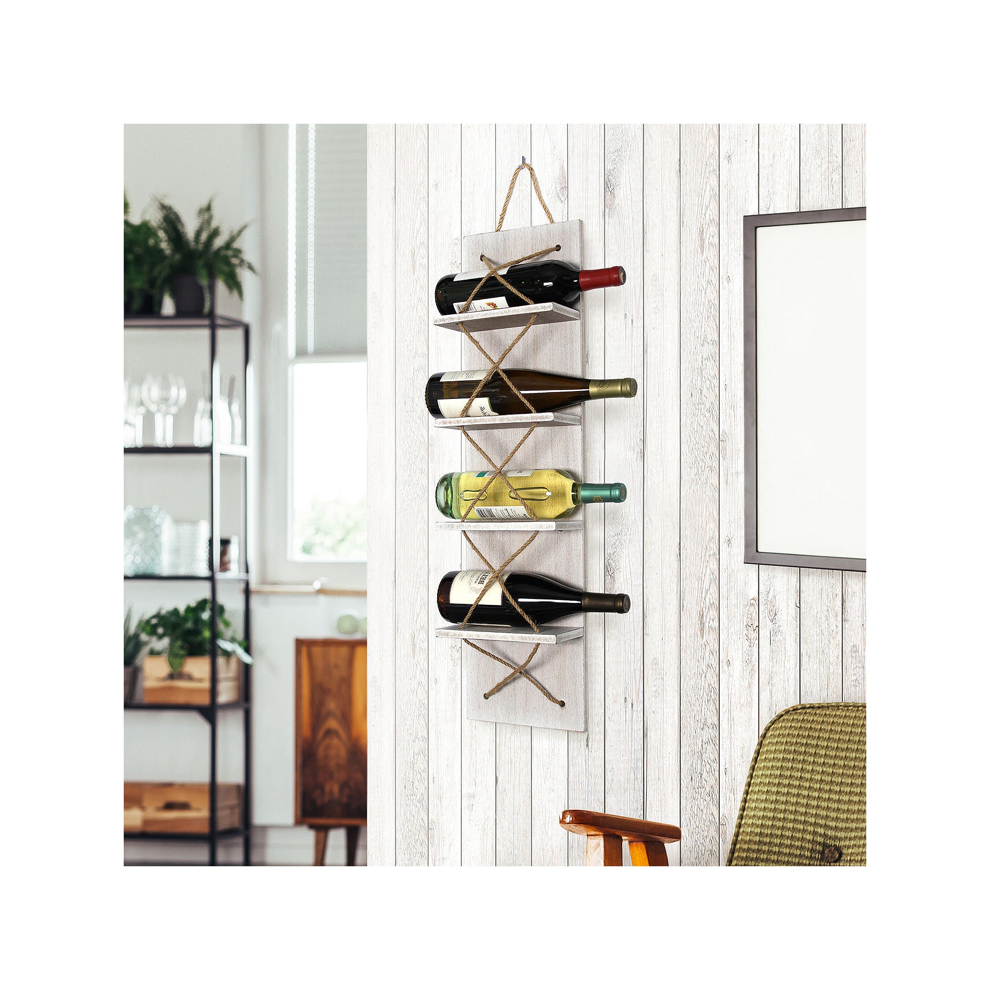 Elegant Positano Nautical Rope Wine Rack - Holds 4 Bottles - Whitewashed Finish - HG1019 - Perfect for Kitchen, Dining Room or Wine Cellar Storage