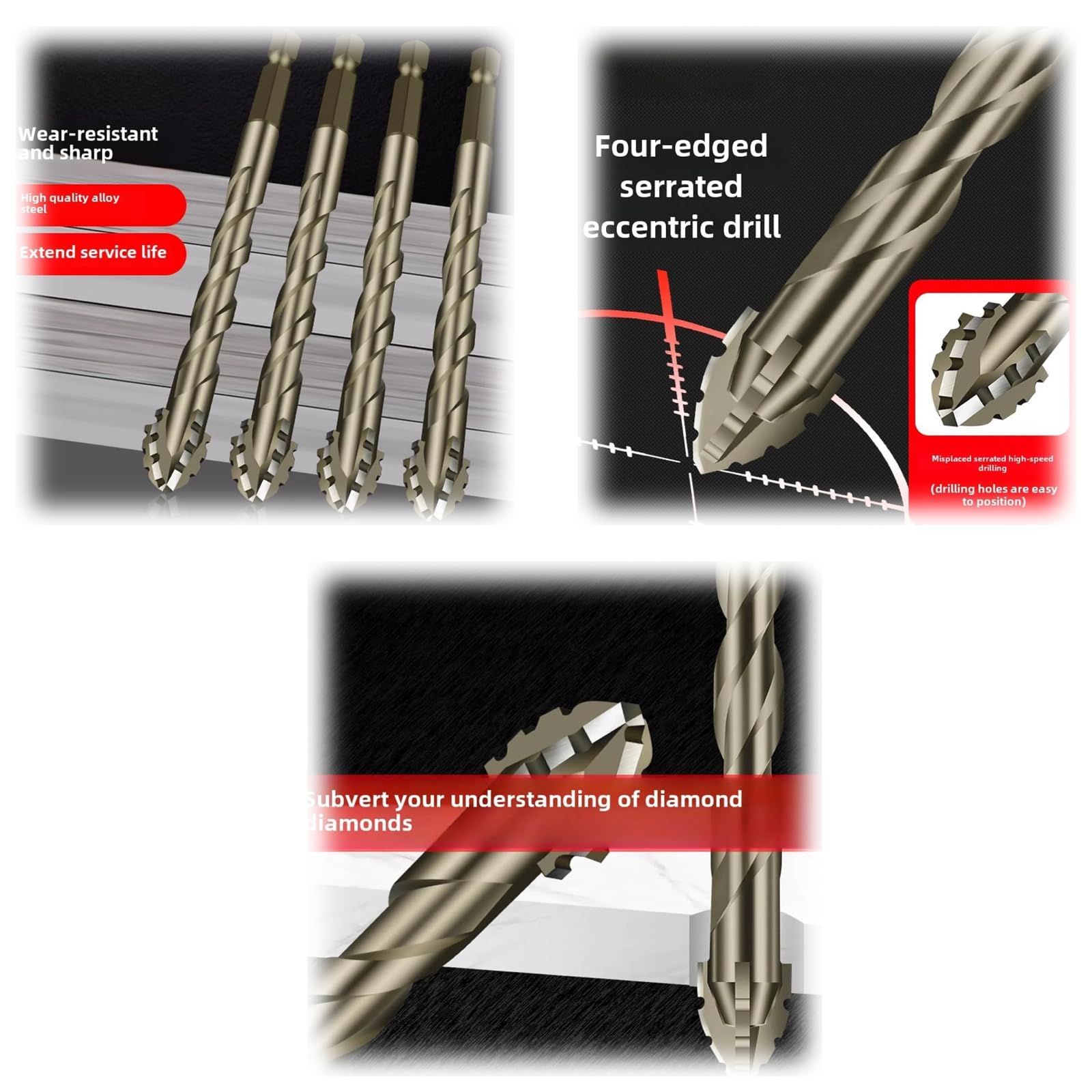 Premium 4-Flute Sawtooth Eccentric Drill Bit Set - High Hardness Skewed Head Design for Wood & Metal Drilling - Multi-Size Options (6/8/10/12mm) - Perfect for DIY Projects, Furniture Making & Metalworking