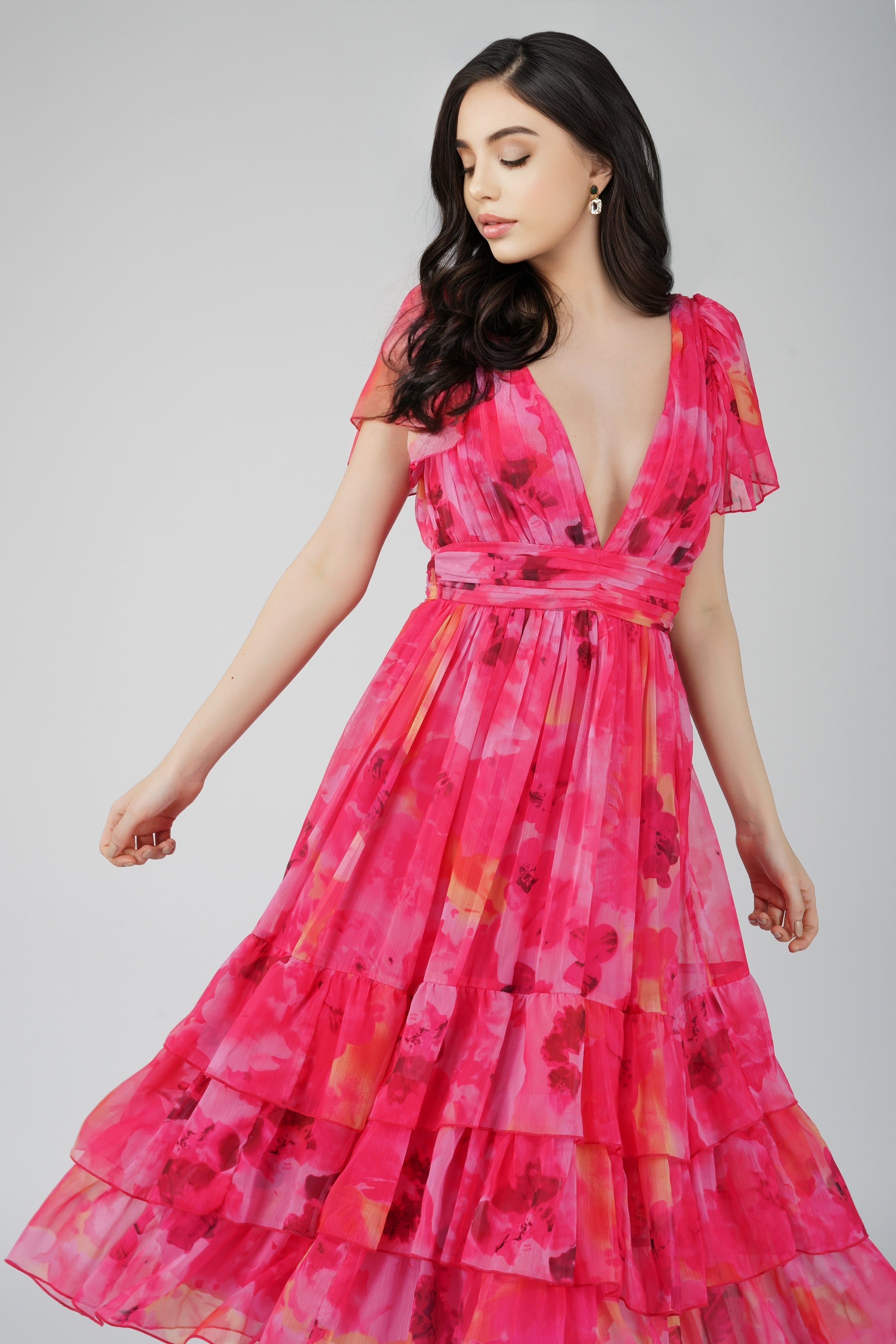 Madison Sunset Pink Chiffon Midi Dress - Elegant Flowy Summer Dress for Women | Perfect for Beach Weddings, Date Nights & Special Occasions