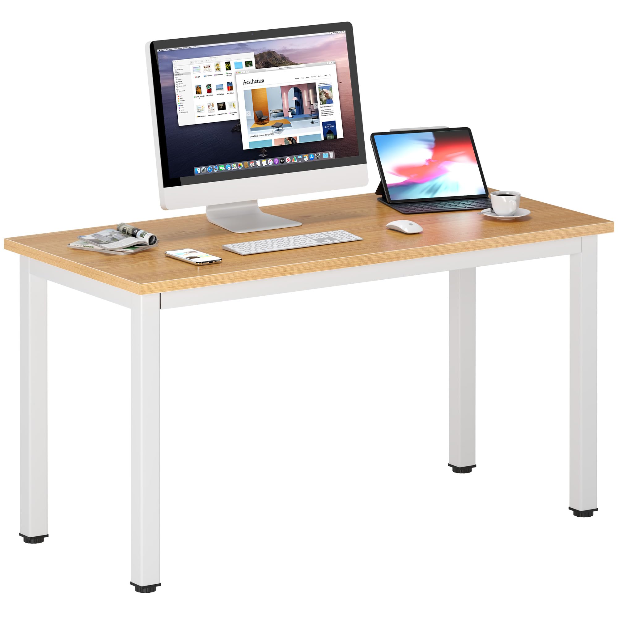 DlandHome 47-inch Medium Computer Desk for Home Office - Sturdy Composite Wood Board Workstation with Teak & White Legs (1 Pack) - Perfect for Small Spaces, Remote Work & Study