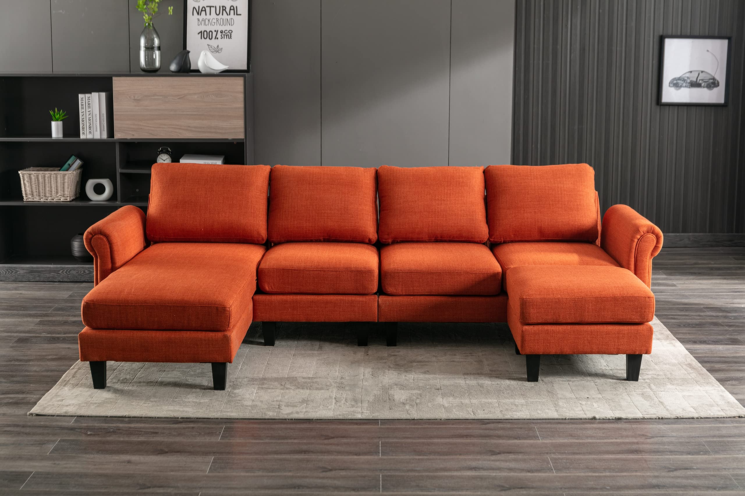 Modern Large Sectional Reversible Sofa Set with Ottoman & 2 Pillows - Upholstered Living Room Couch in Orange | Perfect for Small Spaces, Apartments & Cozy Home Decor