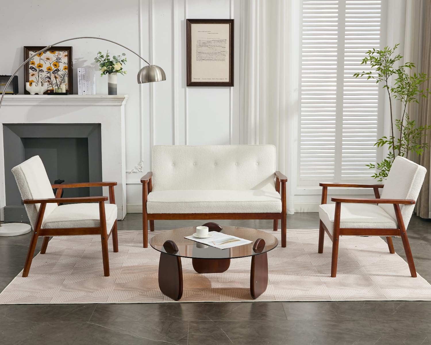 Mid Century Modern 3-Piece Sofa Set - 1 Loveseat & 2 Accent Chairs, Cream Sherpa Upholstered Living Room Furniture for Small Spaces | Perfect for Apartments, Waiting Rooms & Cozy Home Decor