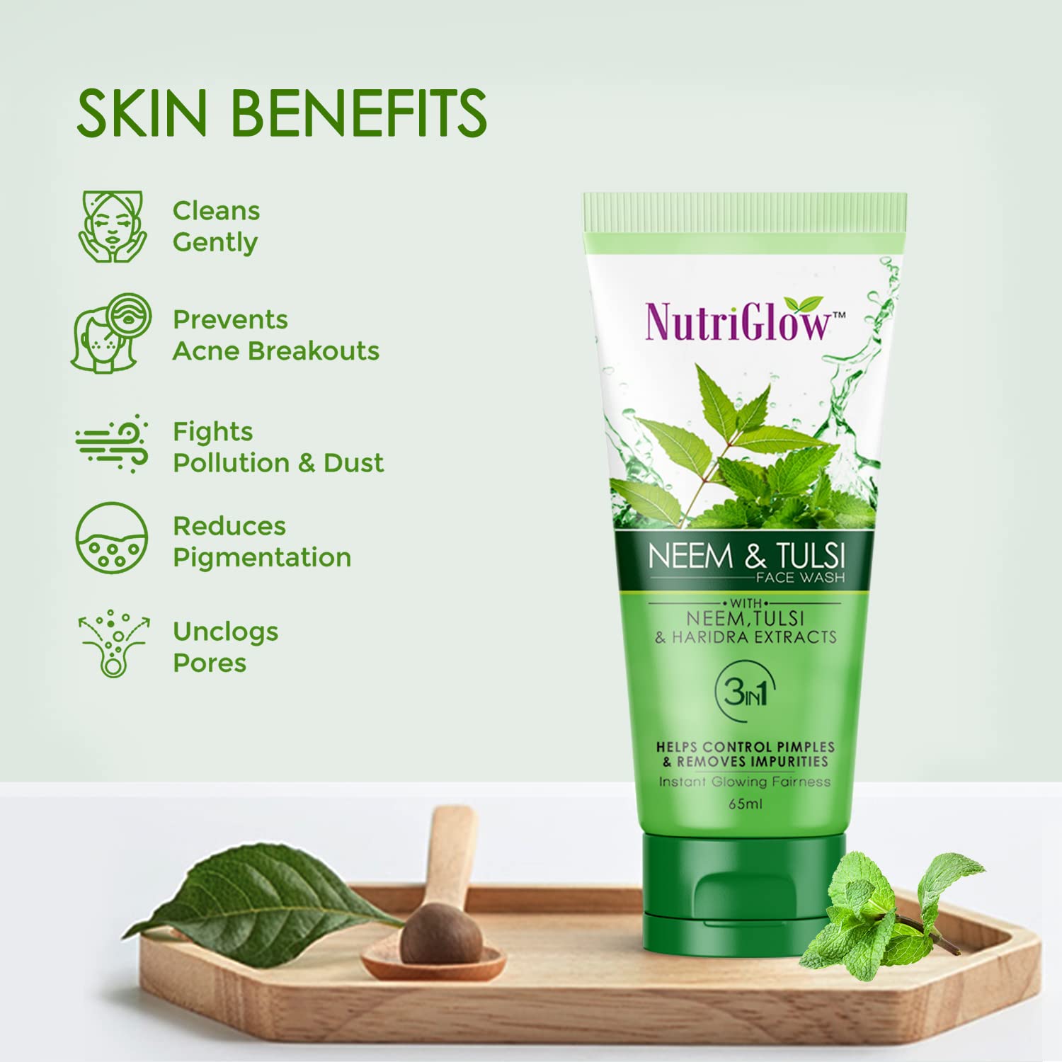 NutriGlow Neem & Tulsi Face Wash for Oily & Acne-Prone Skin - Gentle Moisturizing, Non-Foaming Cleanser - Paraben & Sulfate Free - 65ml (Pack of 5) - Perfect for Daily Skincare Routine & Travel