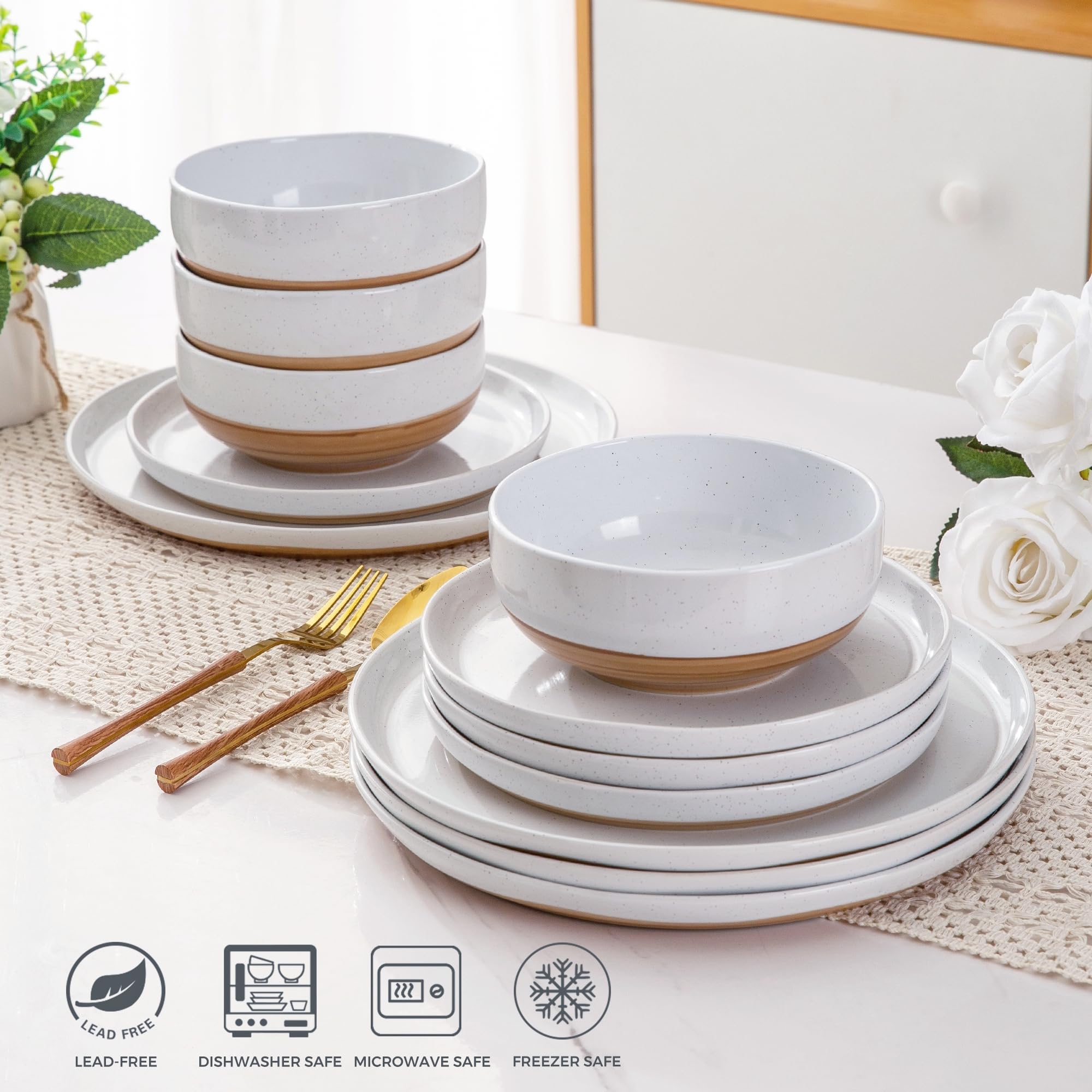 AmorArc 12-Piece Ceramic Dinnerware Set for 4 - Hand-Painted Stoneware Plates & Bowls with Rustic Terracotta Underside, Scratch Resistant, Dishwasher & Microwave Safe, White - Perfect for Family Dinners, Entertaining Guests, and Everyday Use