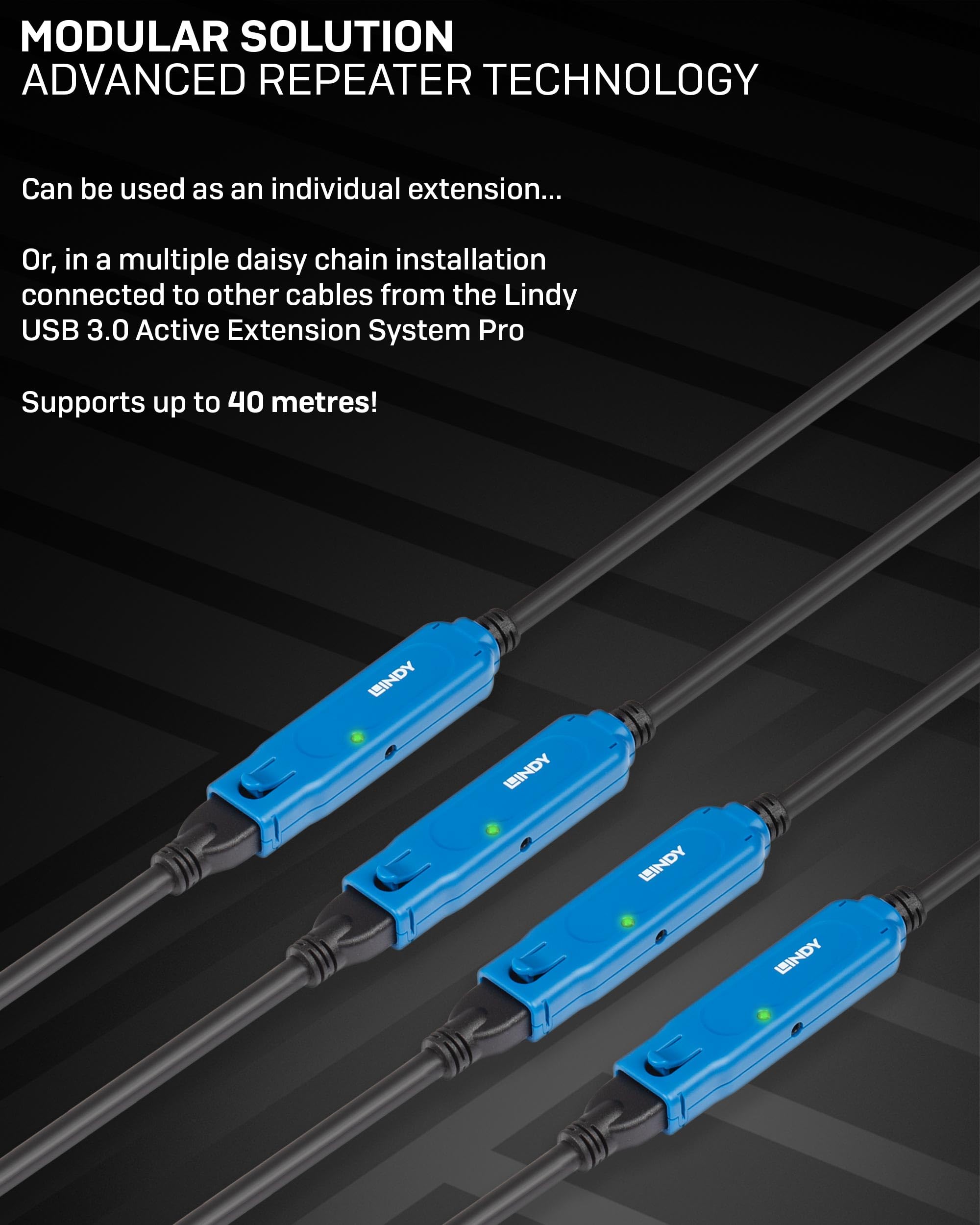 LINDY 43229 15m USB 3.0 Active Extension Cable Pro - High Speed Data Transfer for PC, Laptop, Printer - Durable Black Cable for Office & Home Use