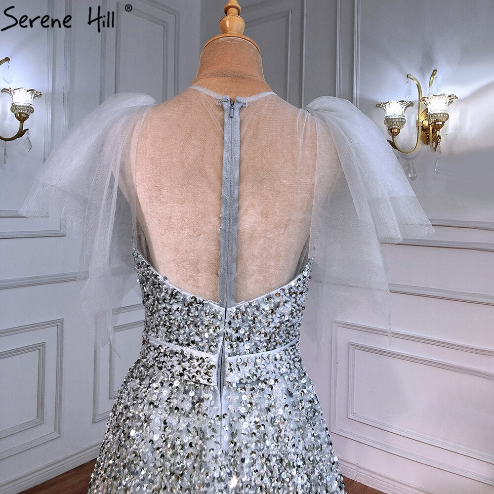 Serene Hill Luxury A-Line Grey Evening Dresses for Women 2025 - Beaded Detachable Sleeves Formal Gowns for Parties, Prom, Weddings & Special Occasions