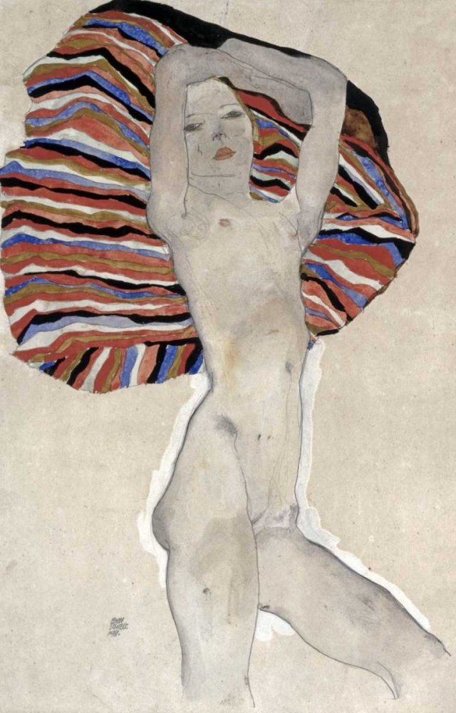 Egon Schiele Abstract Art Print - 'Madchenakt Gegen Farbiges Tuch' (1911) - 43x27 Inch Fine Art Paper Reproduction - Perfect for Modern Home Decor & Art Collectors