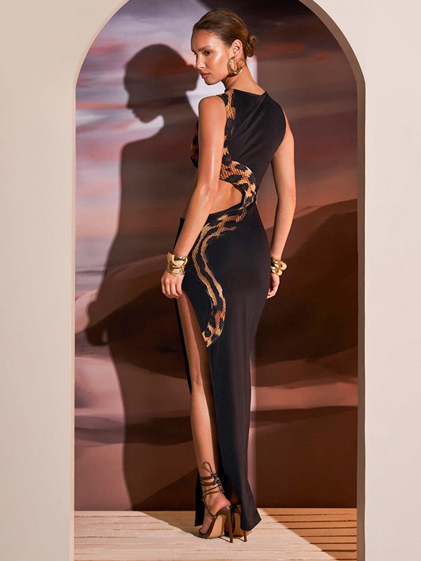 ZASUWA Women's Snake Print Cutout Bodycon Dress with High Slit | Sexy Party Club Dress for Night Out, Date Night, and Special Occasions