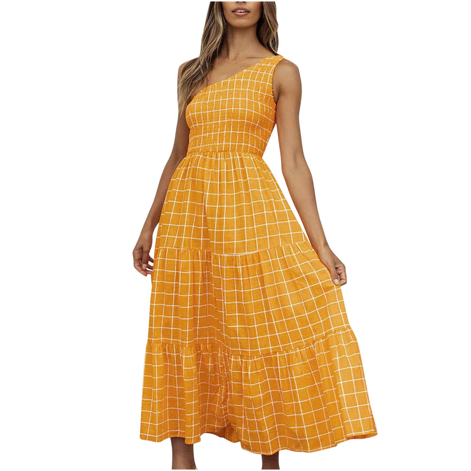 2022 Women's Summer One Shoulder Dress - Solid & Print Sleeveless High Waist Flowy Midi Dress with Ruffle Detail | Beach Cover Up, Vacation Outfit, Party Wear, Casual Summer Dress
