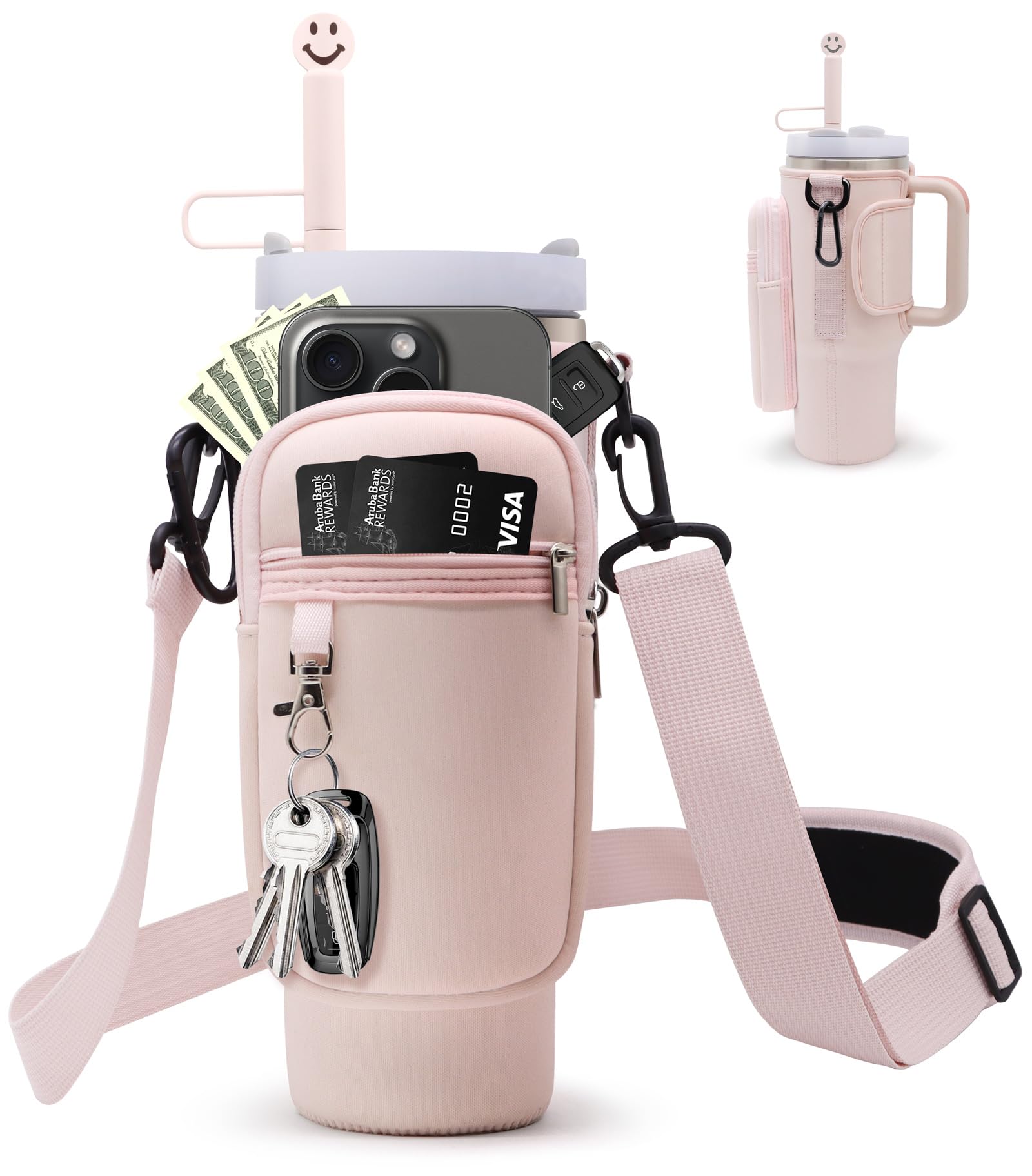 Stanley 40oz Tumbler Water Bottle Carrier Bag with Adjustable Strap, Phone Pocket & Straw Cover - Insulated Cup Holder Pouch for Hiking, Traveling, Camping, Gym, Work & Outdoor Activities