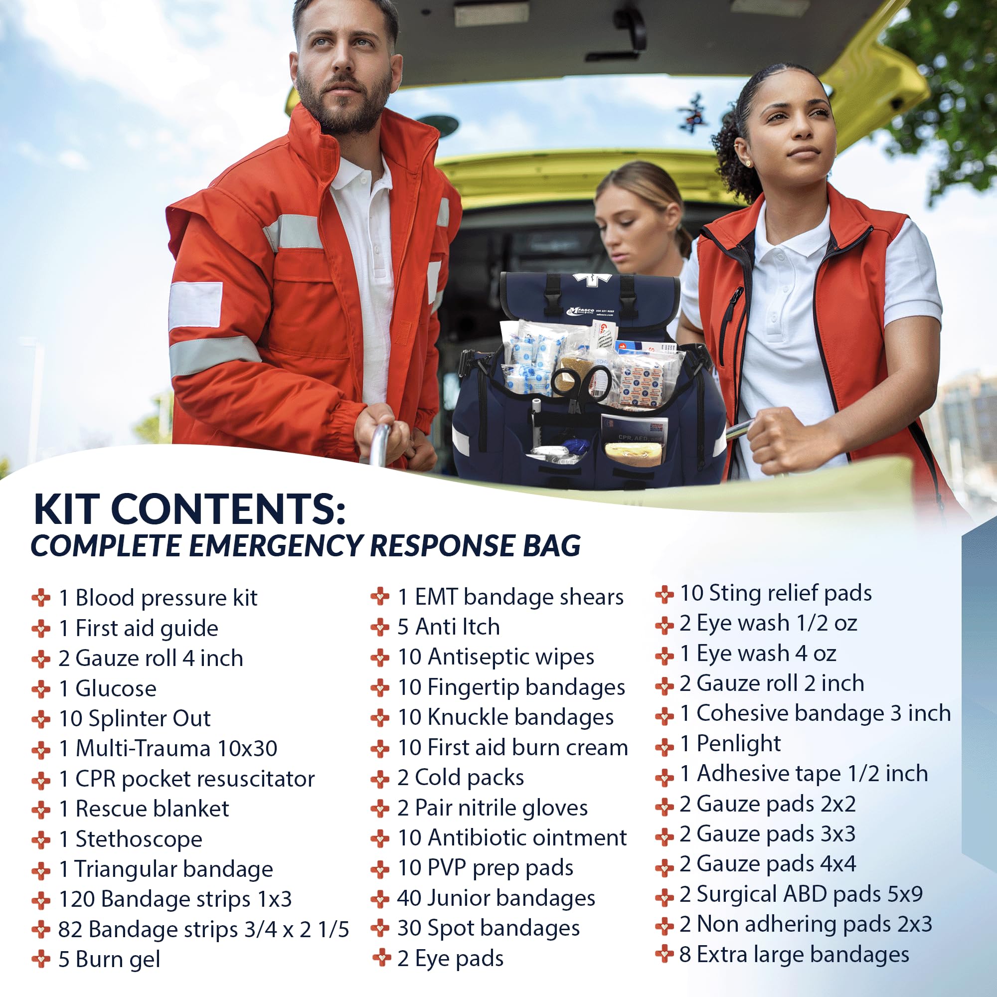 MFASCO 415-Piece First Aid Kit - Fully Stocked Emergency Medical Supplies for First Responders | Portable Reflective Bag for Natural Disaster Preparedness & Outdoor Survival | Customizable Storage | Blue First Aid Kit for Home, Car, Camping & Workplace Safety