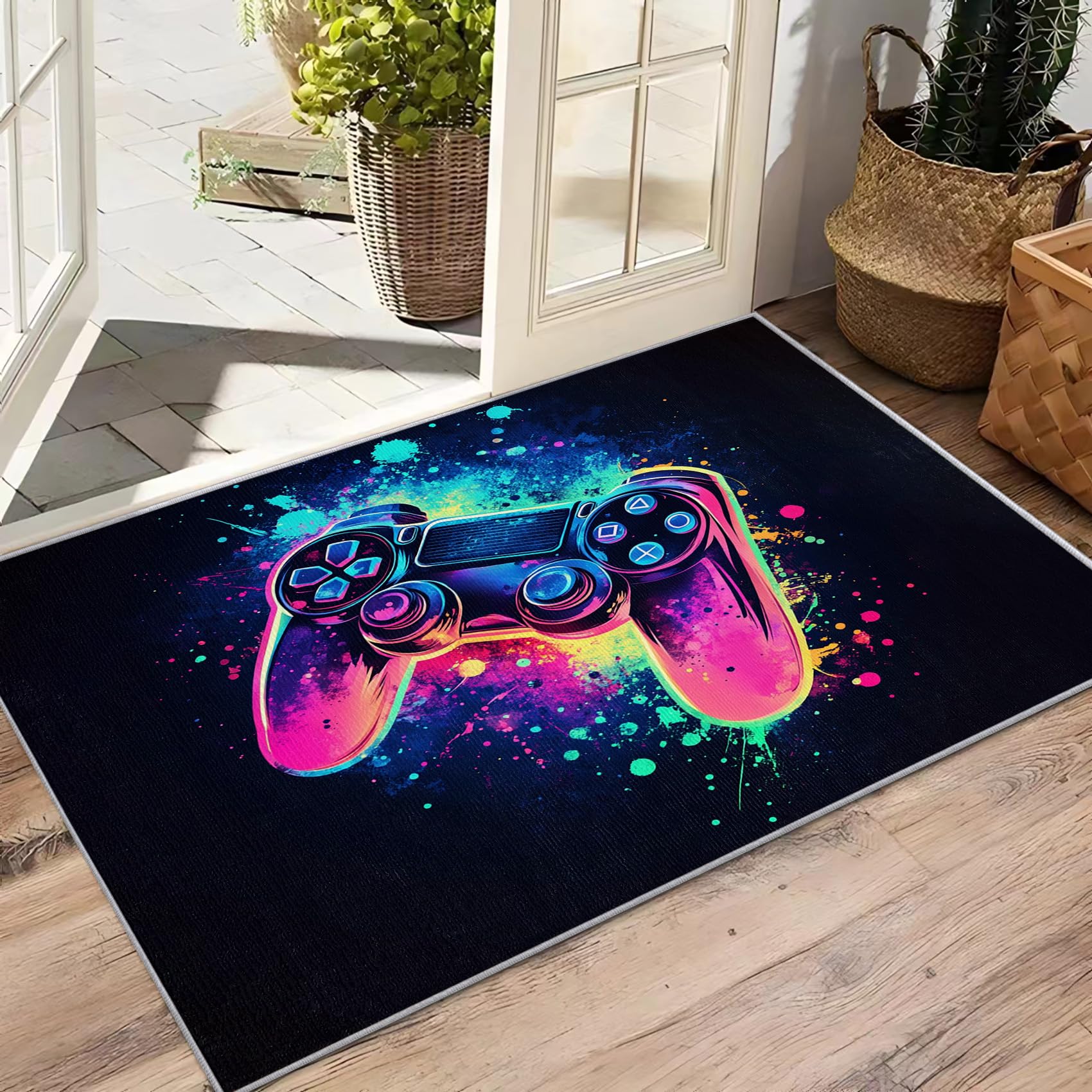 Gaming Rugs for Men & Boys - 2x3 ft Washable Non-Slip Soft Controller Design Carpet | Neon Gamepad Area Rug for Bedroom & Game Room | Cool Video Game Decor & Gift for Gamers & Kids