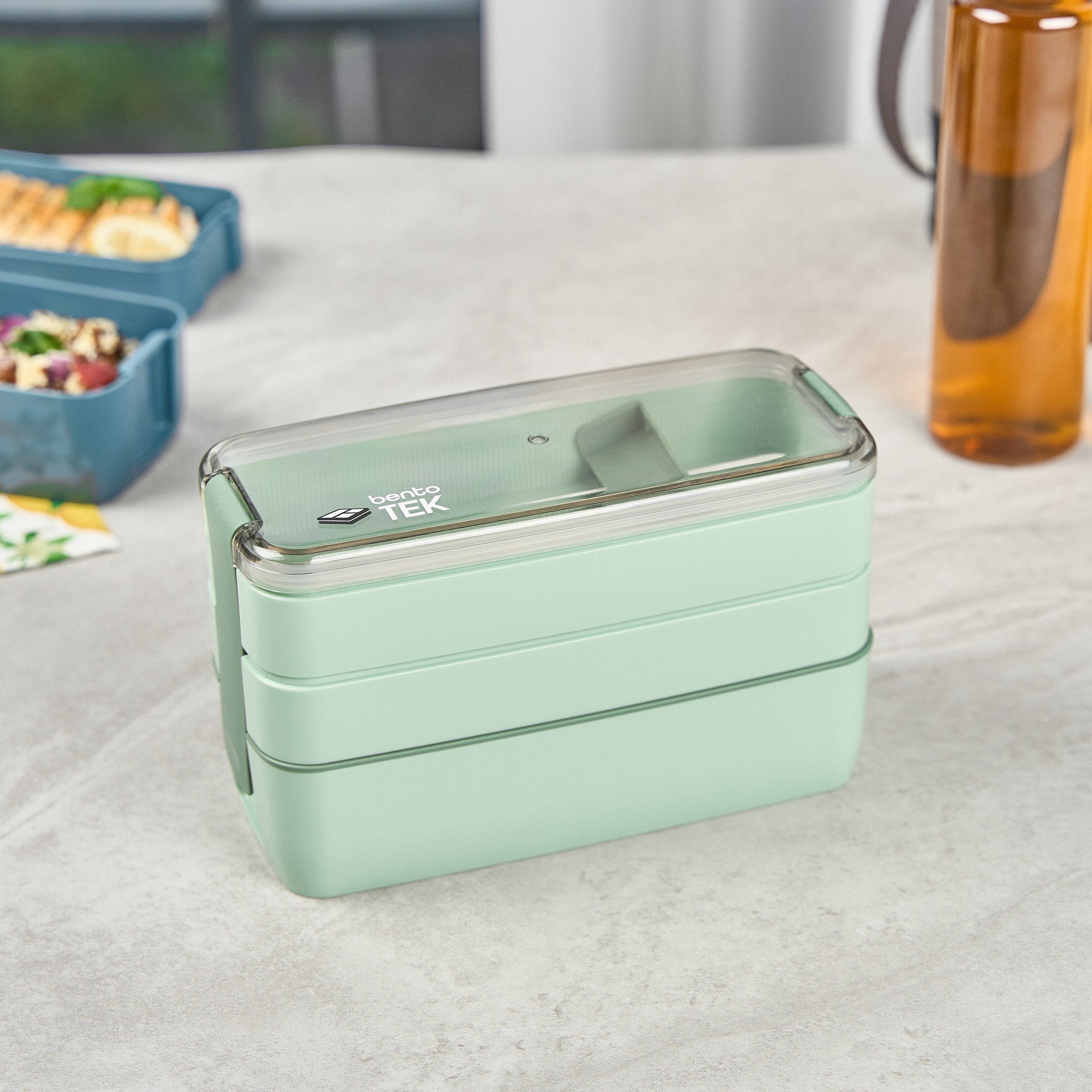 Bento Tek 30 oz Green 3-in-1 BPA Free Lunch Box with Fork & Knife - Microwave Safe, Leakproof Food Container (7.5