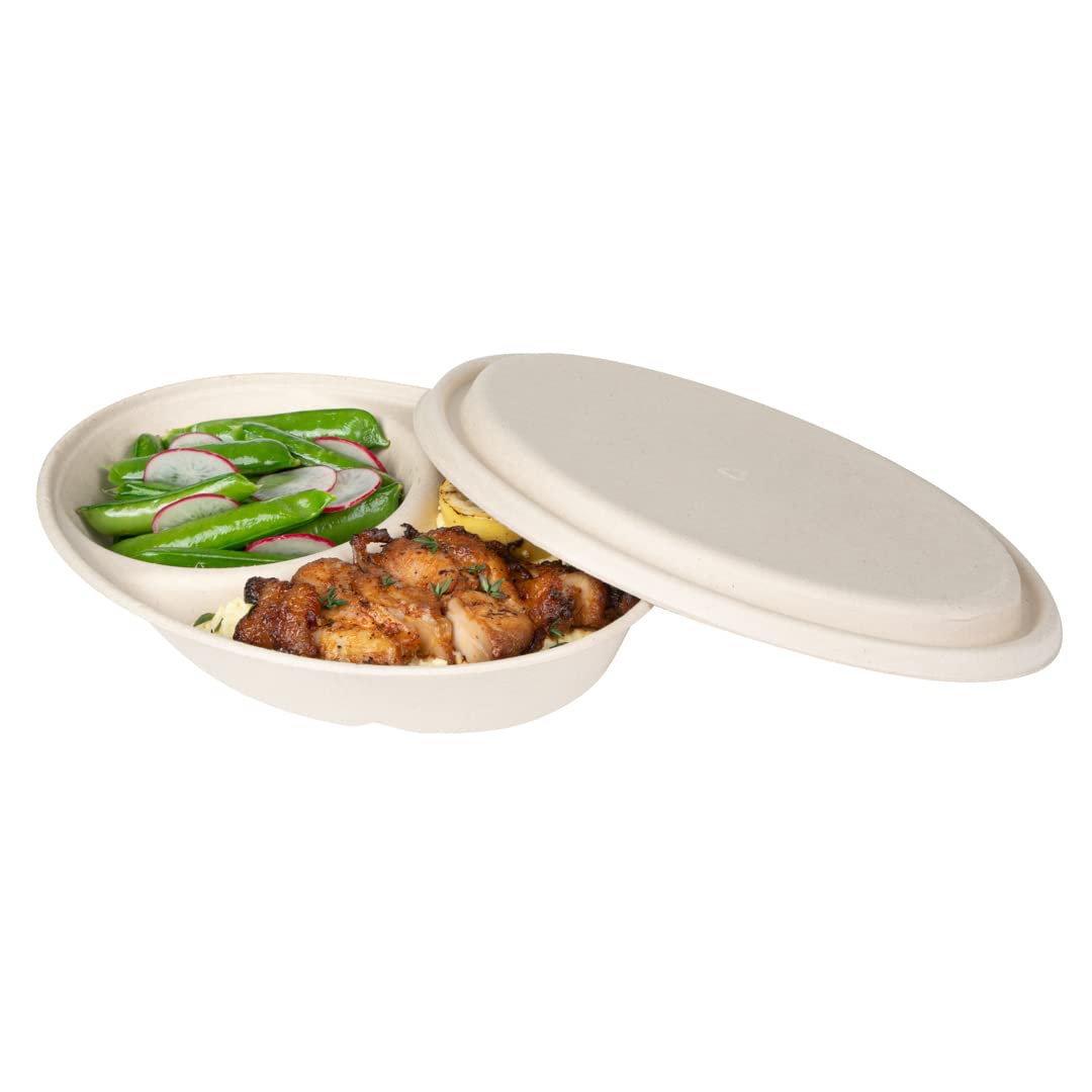 Eco-Friendly 100-Pack Oval Bagasse Lids for 21-OZ Sugarcane Bowls | Biodegradable & Compostable Disposable Lids | Perfect for Restaurants, Catering & Takeout Meals