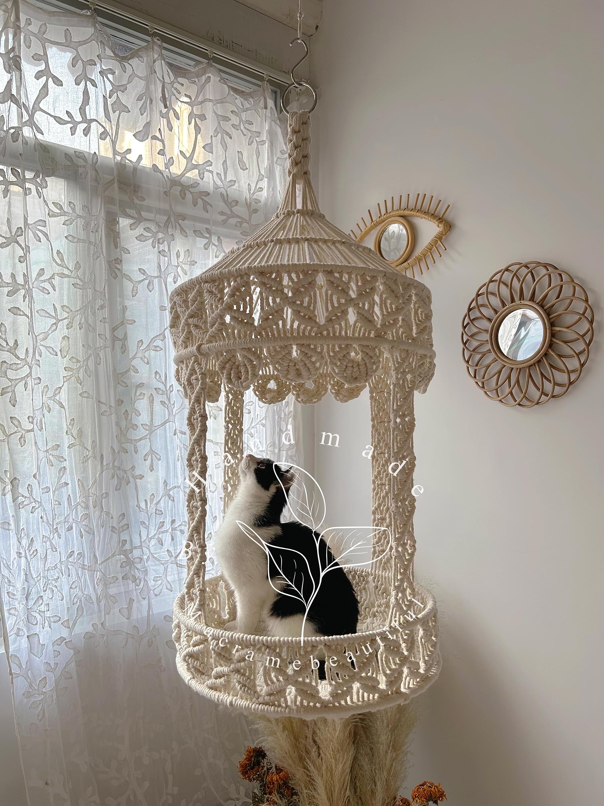 Macrame Cat Hammock - Large Hanging Cat Bed & Swing for Indoor Cats | Wall-Mounted Cat Furniture | Cozy Pink Cat House Decor for Cat Lovers | Perfect for Living Rooms, Bedrooms & Cat Play Areas