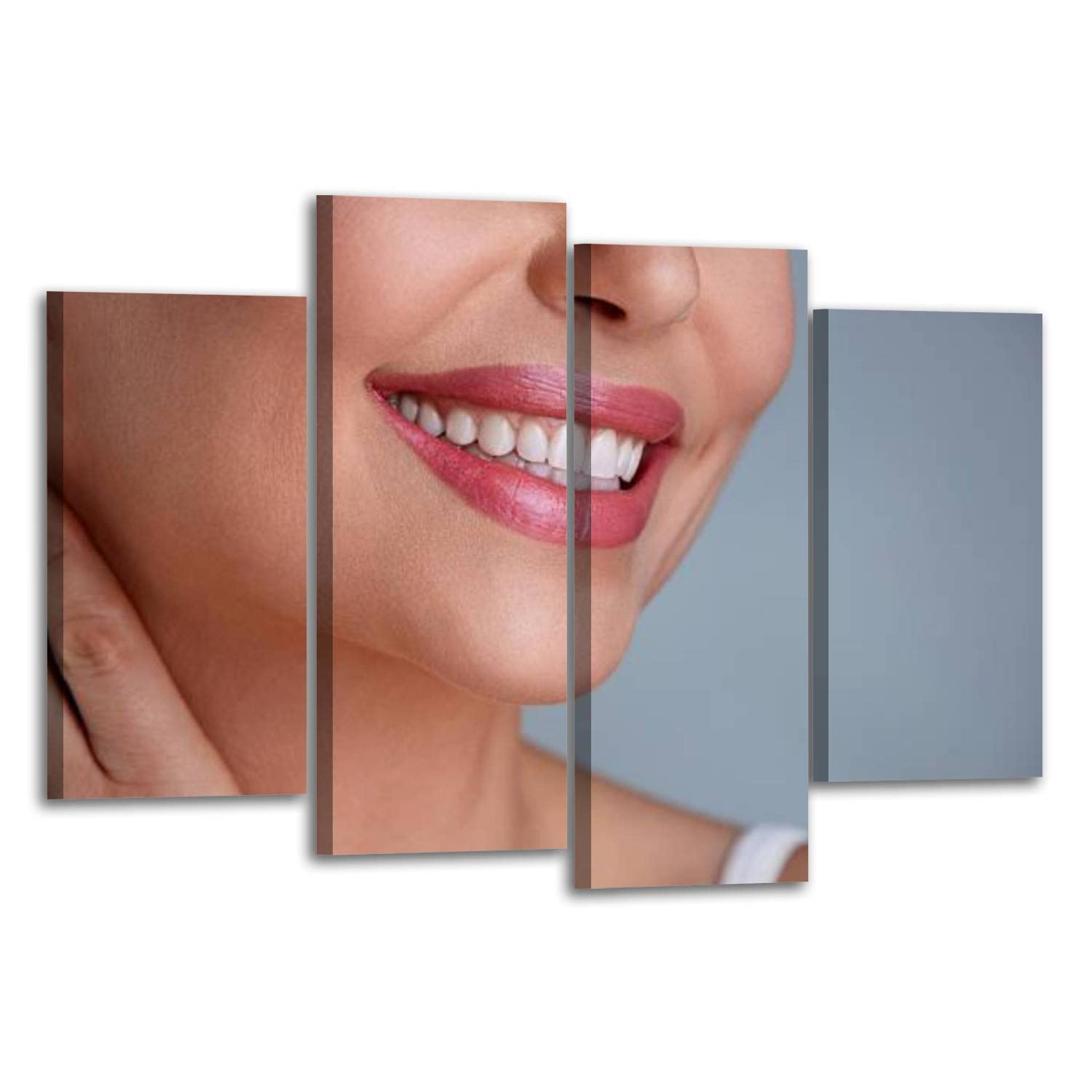 Modern Canvas Wall Art - Laughing Woman Portrait with Beautiful Teeth, Stretched & Framed Painting - Home Decor for Living Room & Bedroom - Ready to Hang 4-Panel Set - Perfect for Adding Joy to Family Spaces and Office Decor