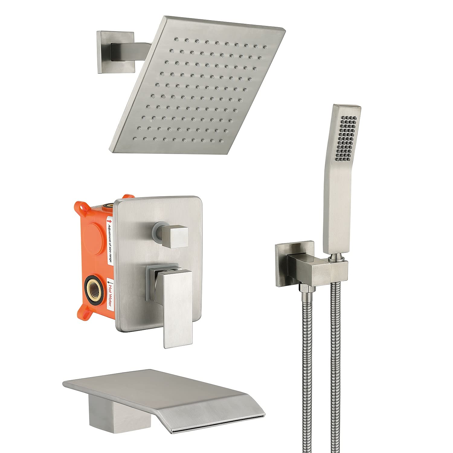 Premium Brushed Nickel Shower Faucet Set - 8 Inch Rainfall Shower Head & Tub Spout Combo with Handheld Sprayer - Complete Bathroom Shower System for Luxury Spa Experience at Home