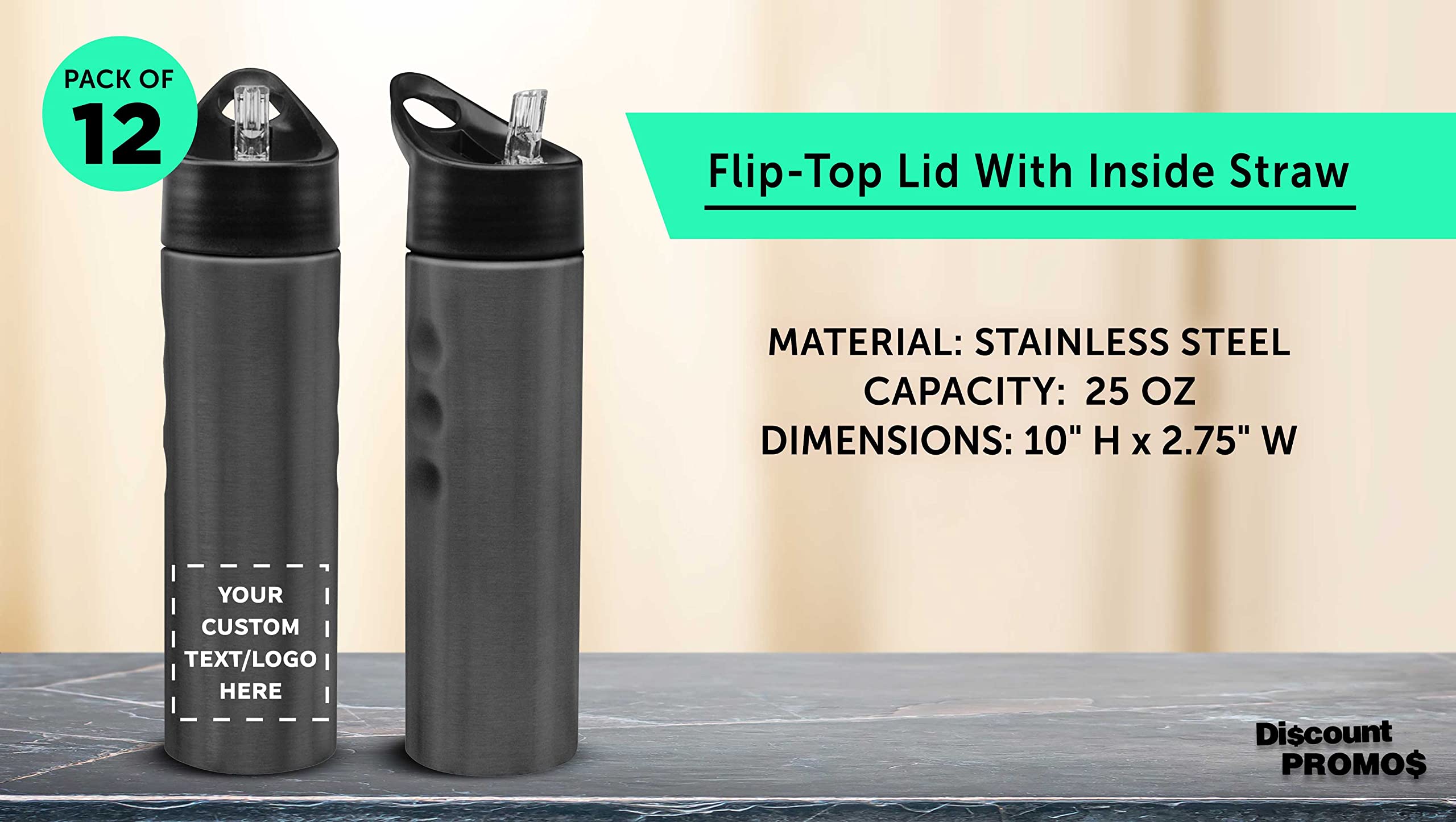 Custom Slim Stainless Steel Water Bottles 25oz - 12 Pack Bulk Wholesale | Personalized Text & Logo | Reusable Gym Sports Bottle | Charcoal Color | Perfect for Workouts, Hiking & Office Hydration