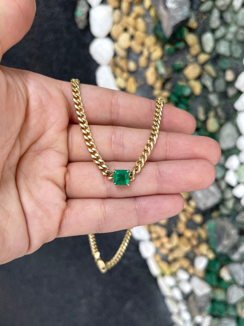 1.84ct Asscher Cut Emerald 14K Gold Cuban Link Choker Necklace for Women - Elegant Statement Jewelry for Parties, Weddings & Special Occasions