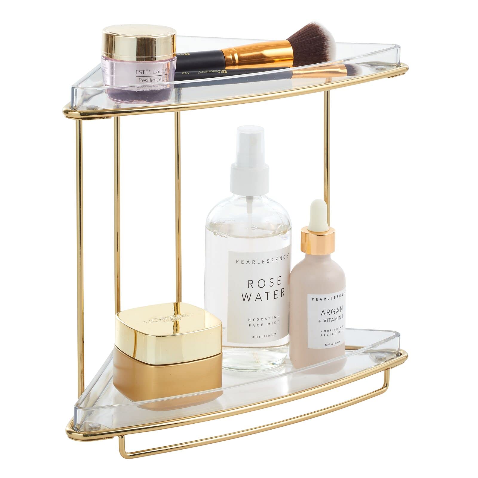 2-Tier Freestanding Corner Shelf Organizer - Steel/Plastic Bathroom Storage for Makeup, Bath Gel & Toiletries - Clear/Soft Brass Prism Collection - Perfect for Vanity, Cabinet & Countertop Organization