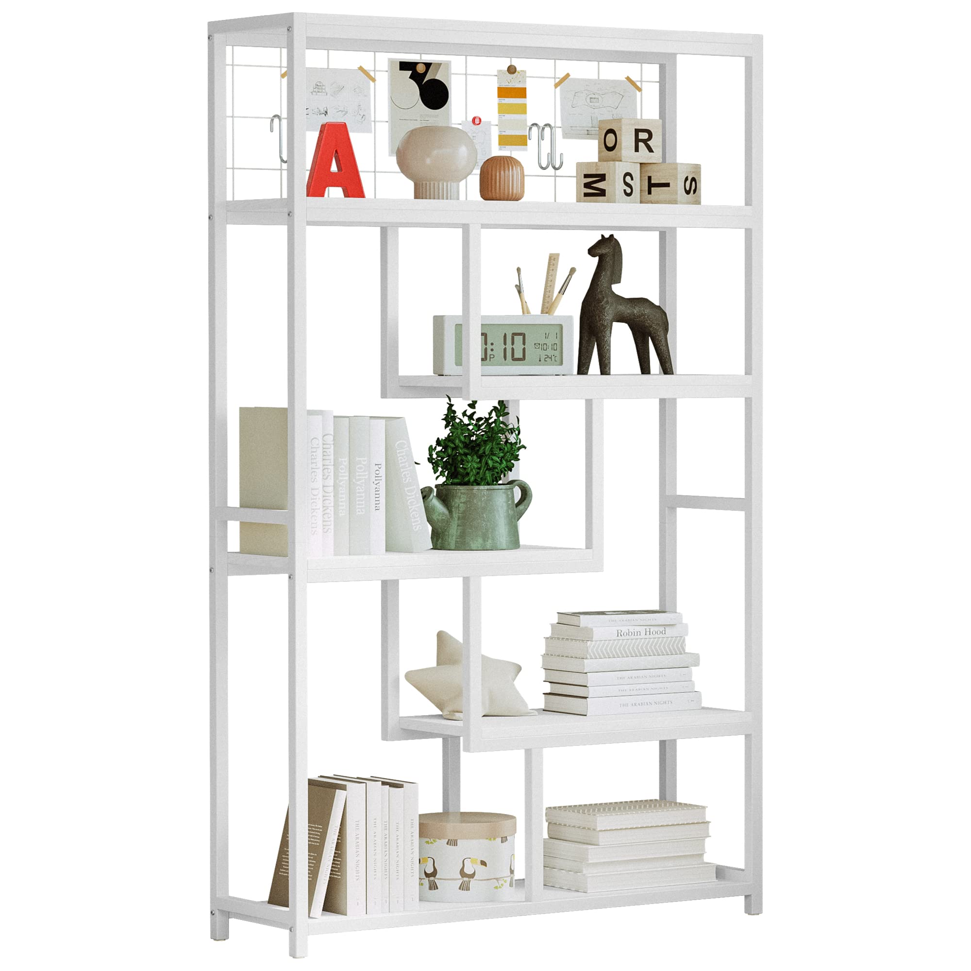 IRONCK 6-Shelf Industrial Bookcase - Geometric Open Display Shelves with Sturdy Metal Frame, White - Perfect for Living Room, Office & Home Library Storage
