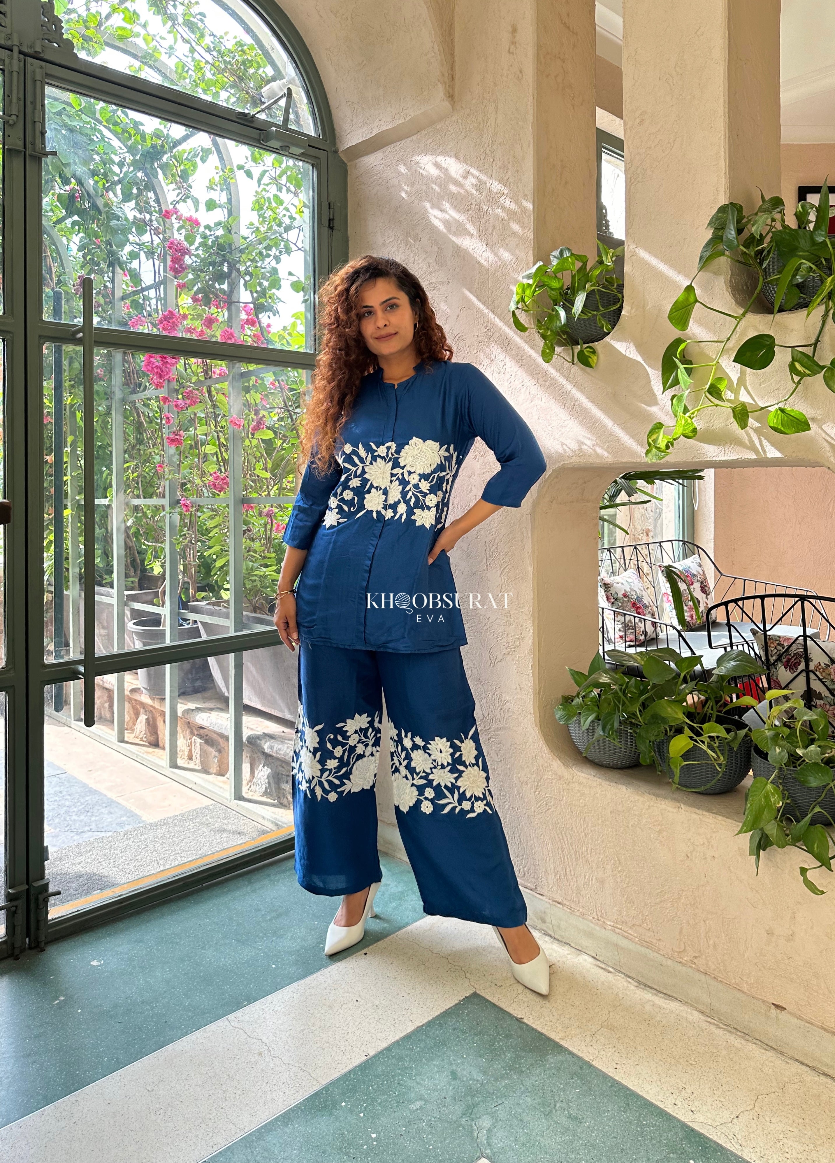 Doris Blue Festive Matching Outfit Set for Women | Stylish Party Wear & Holiday Outfit | Perfect for Christmas, New Year & Special Occasions