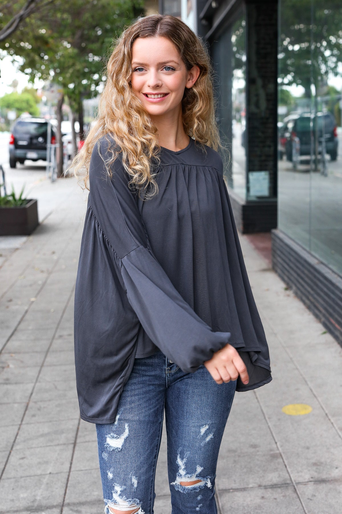 Stylish Charcoal V-Neck Modal Knit Top for Women - Comfortable & Breathable Casual Wear for Office, Date Night & Everyday Outfits