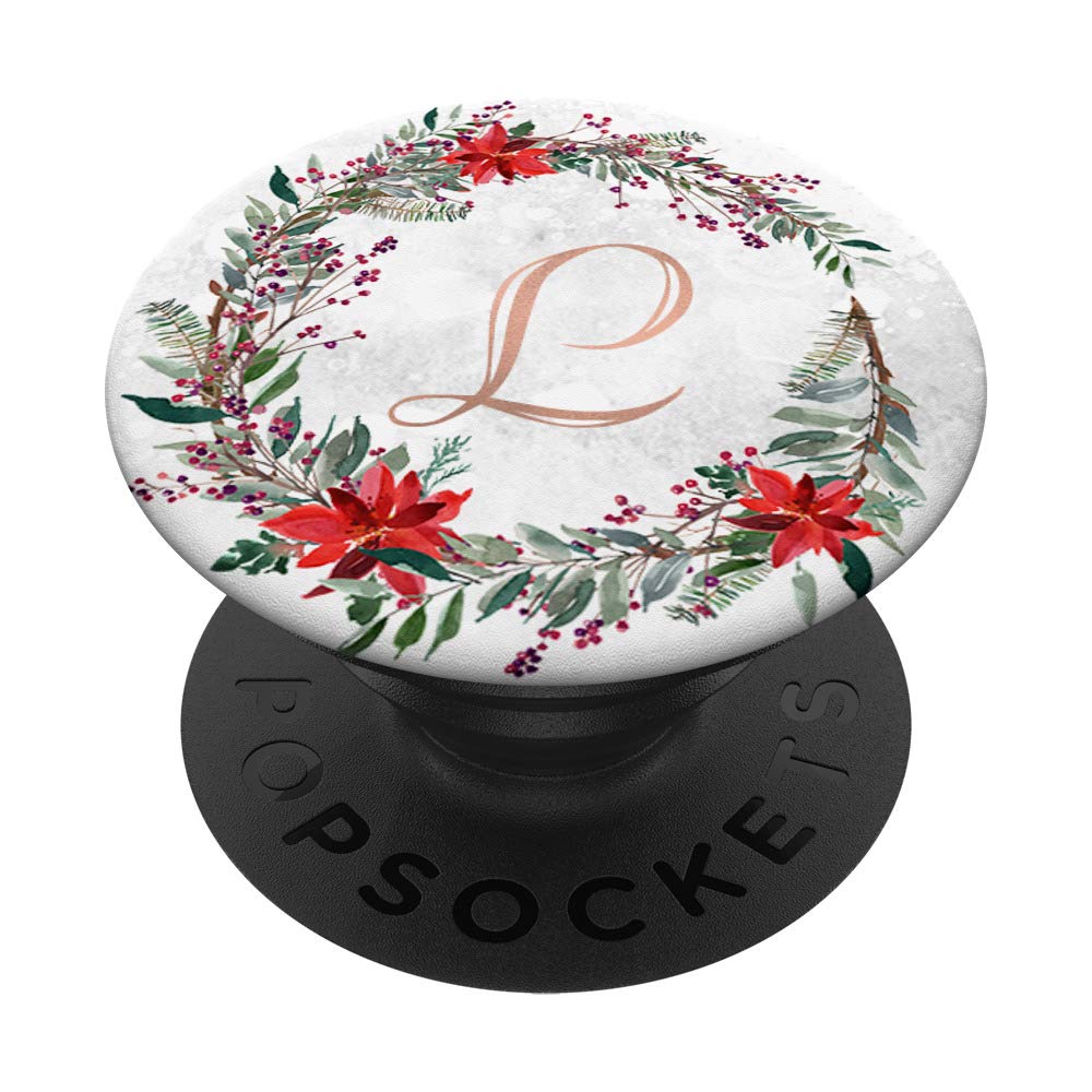 Rose Gold Monogram Letter L Christmas Wreath PopSocket - Custom Phone Grip & Stand for iPhone, Samsung - Perfect Holiday Gift & Home Decor Accessory