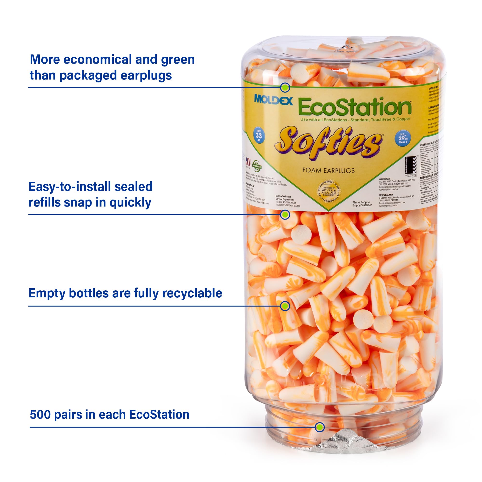 Moldex Softies® Ecostation® Disposable Foam Earplugs 6702 Refill Pack - 33dB NRR Noise Reduction for Work, Study & Travel