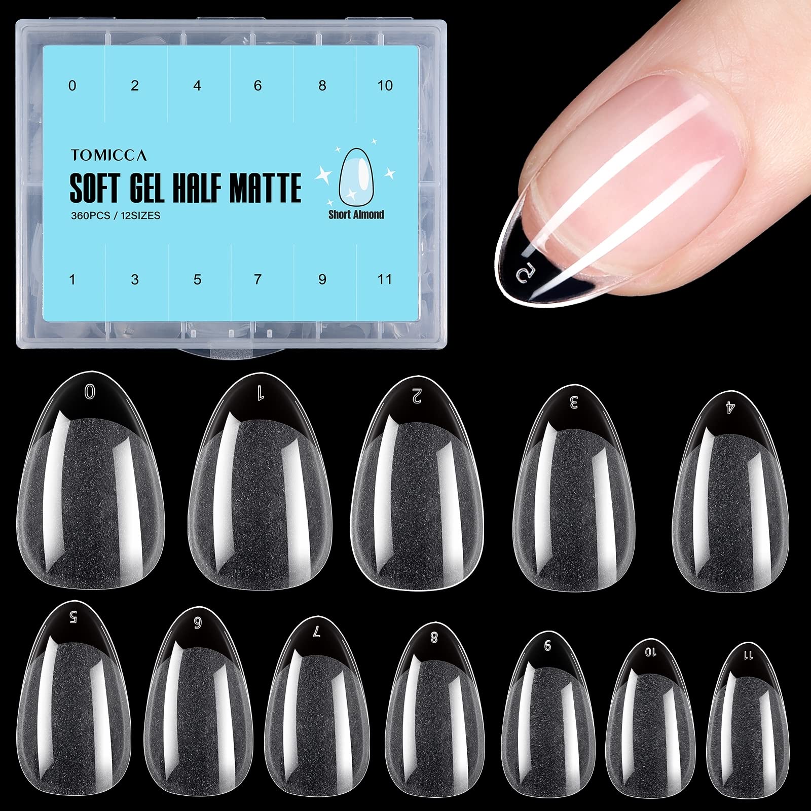 TOMICCA 360Pcs Soft Acrylic Almond Nail Tips - Half Matte Pre-Shaped False Press On Nails for Full Cover Extension | DIY Nail Salon Supplies | Perfect for Home Manicure, Bridal & Party Nail Art | 15 Sizes