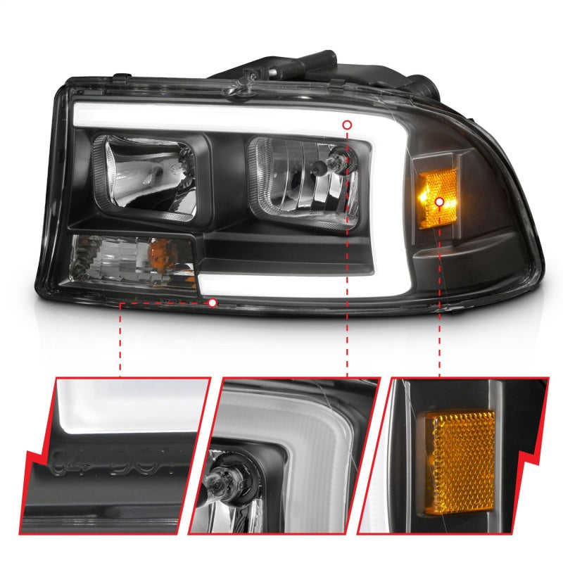 ANZO Crystal Headlights with Light Bar (Black) - Compatible with Dodge Dakota (1997-2004) & Durango (1998-2003) | High-Performance LED Lighting for Off-Road & Night Driving