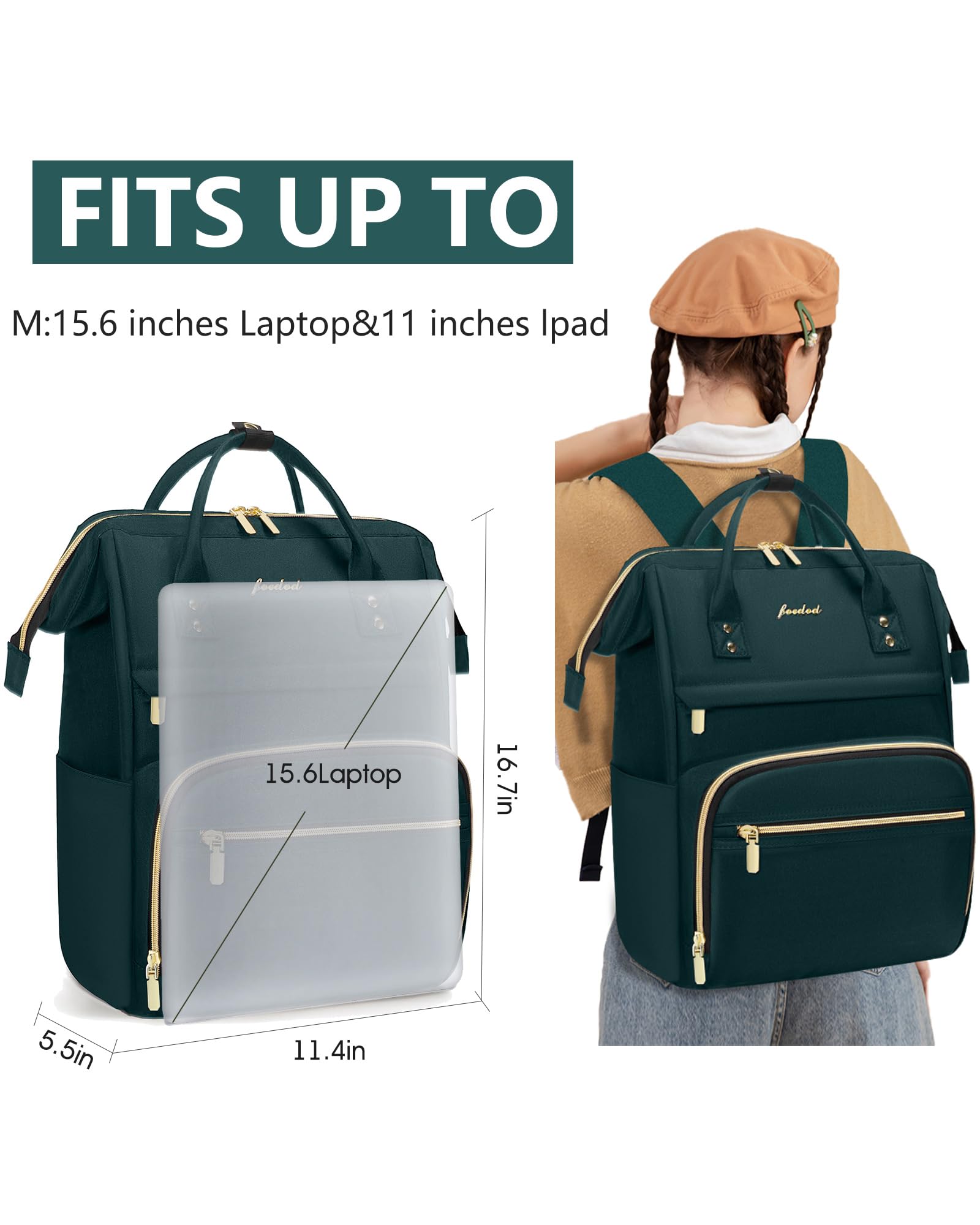 Professional Women's Laptop Backpack - 15.6 Inch Waterproof Work Bag with USB Port, Dark Green Travel Backpack for Nurse, Teacher, Office, and College Students