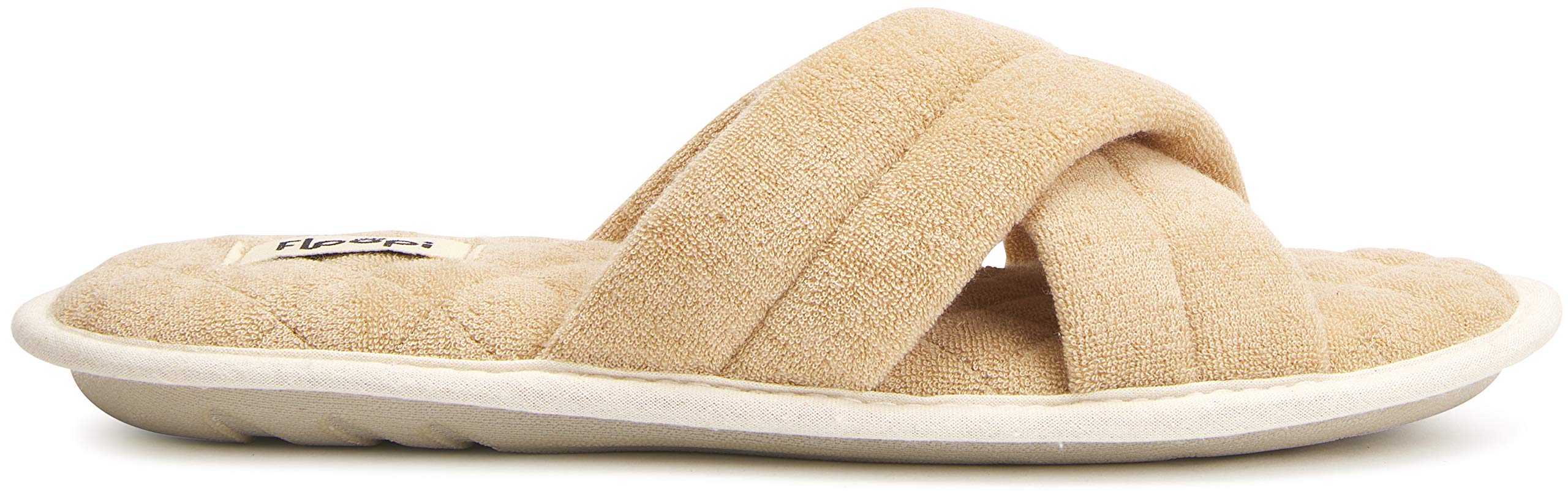 Floopi Women's Soft Criss Cross Open Toe Slippers with Quilted Terry Stitch Insole, Memory Foam & Anti-Skid Rubber Outsole - Comfortable Summer House Shoes for Indoor/Outdoor Wear