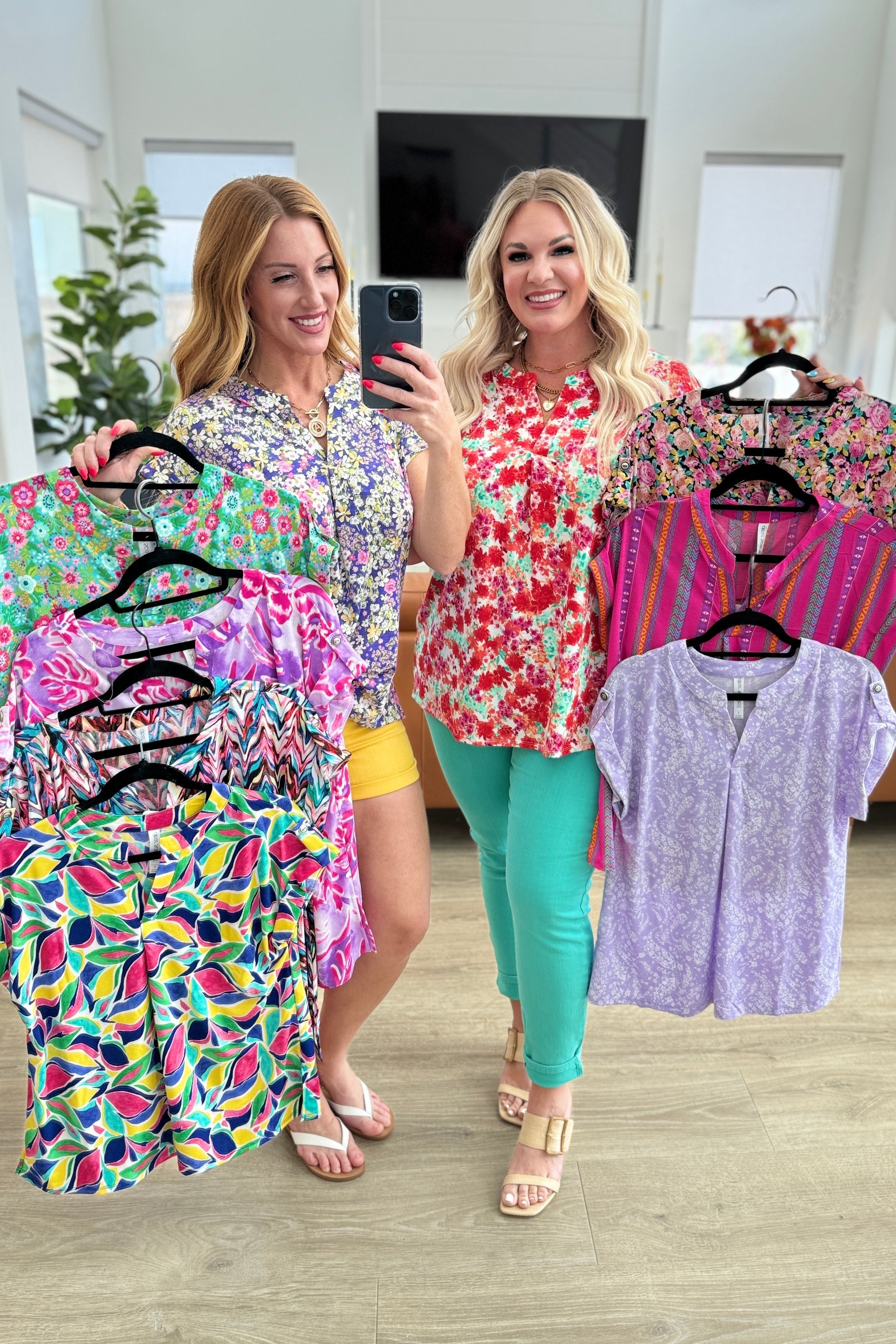 Lizzy Cap Sleeve Top - Flowy Women's Blouse in Purple & Hot Pink Watercolor Print | Casual Summer Tops for Beach, Date Night & Office Wear