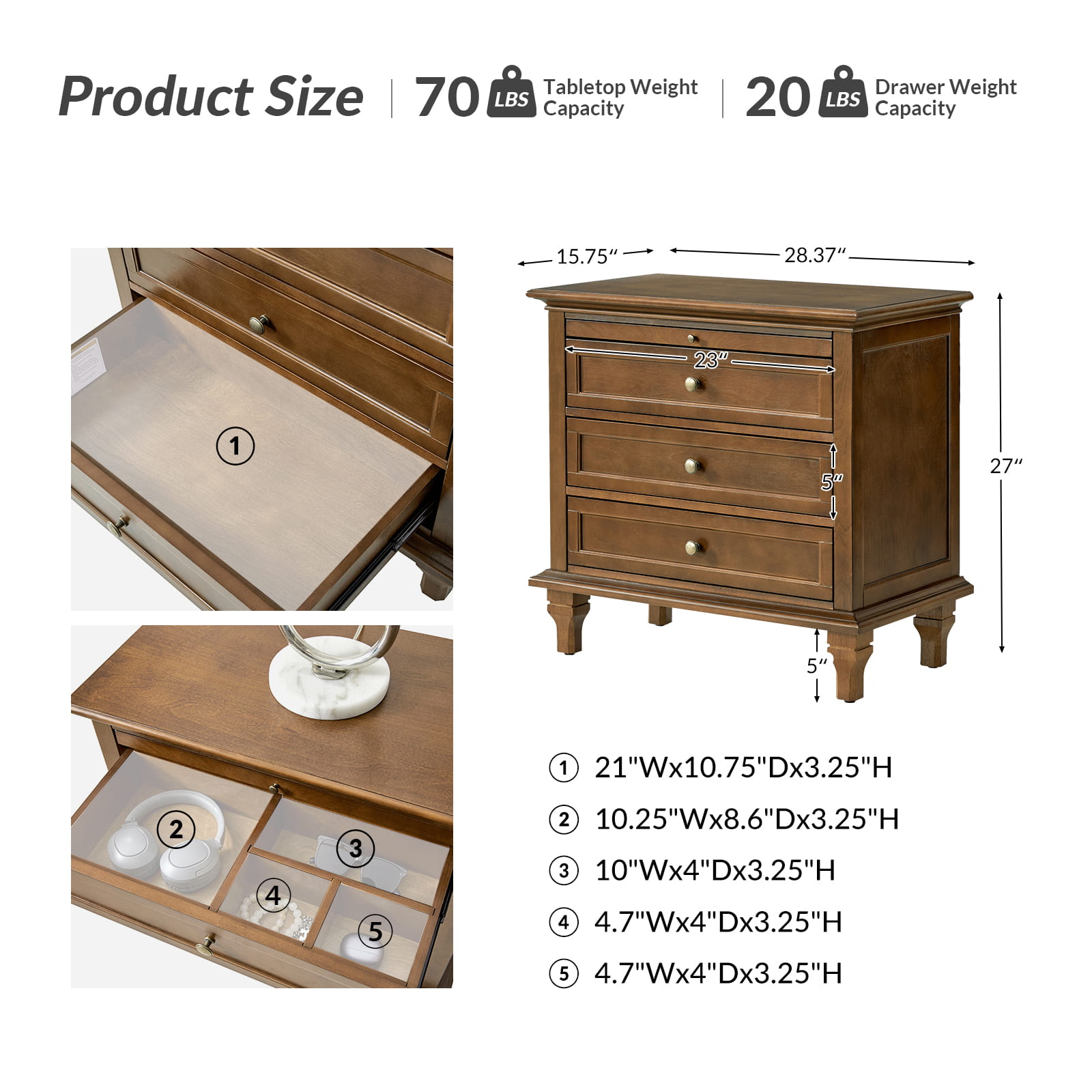 Galatea 3-Drawer Nightstand with USB Charging Ports & Power Outlets - Modern Bedside Table with Storage for Bedroom, Living Room or Office