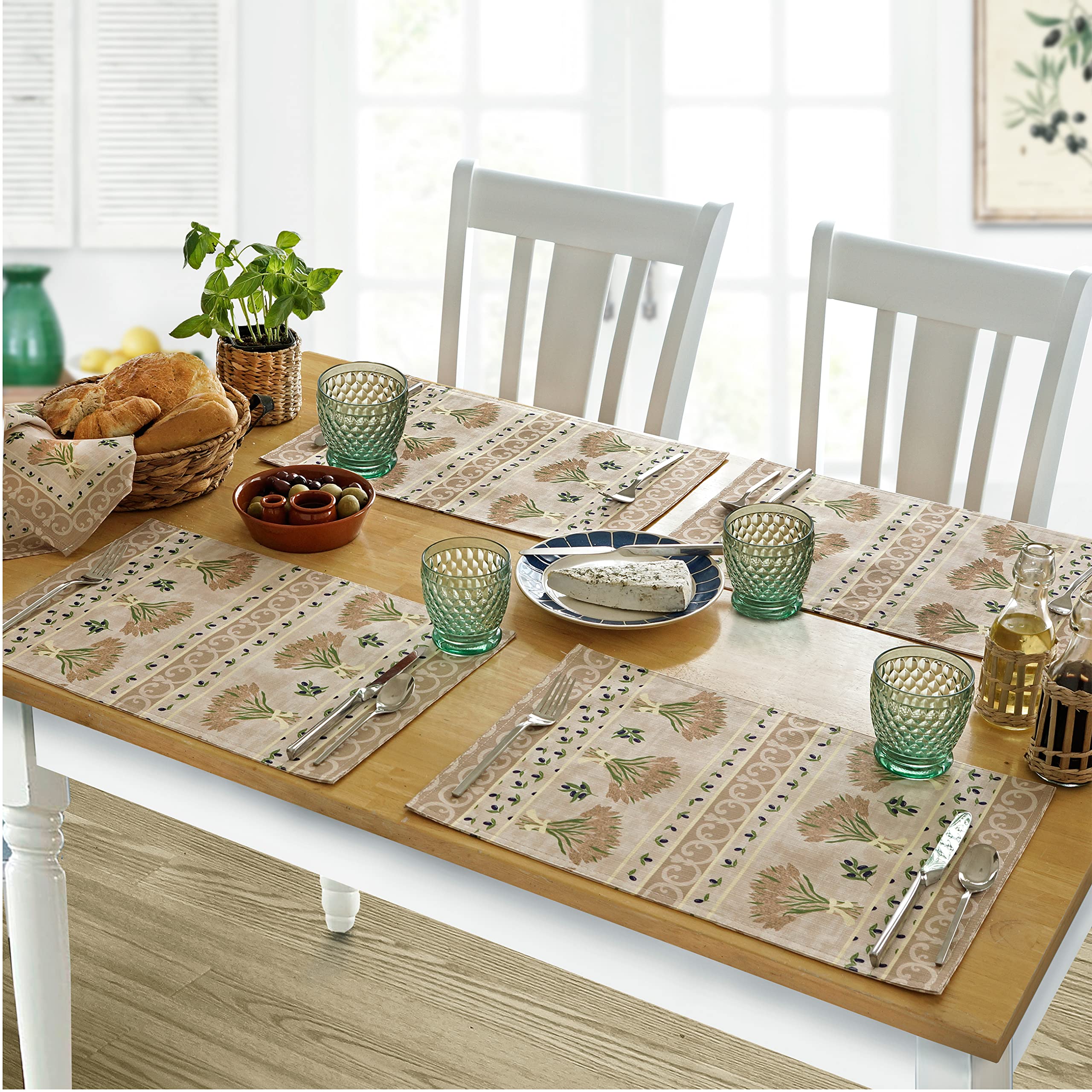 Rectangle Fabric Placemats Set of 4 - Wheat & Olive Print Stain Resistant Placemats for Dining Table - Indoor/Outdoor Waterproof Table Mats - French Country Provence Style Decor for Kitchen, Patio & Picnic