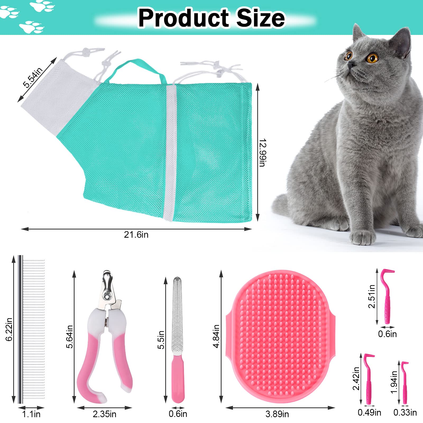 JULMELON 10-Piece Cat Grooming Kit - Adjustable Pet Shower Bag, Grooming Brush, Nail Clippers, Nail File, Hair Combs & Tick Tool for Bathing, Nail Trimming & Vet Exams (Pink+Green) - Perfect for Home Pet Care & Professional Grooming