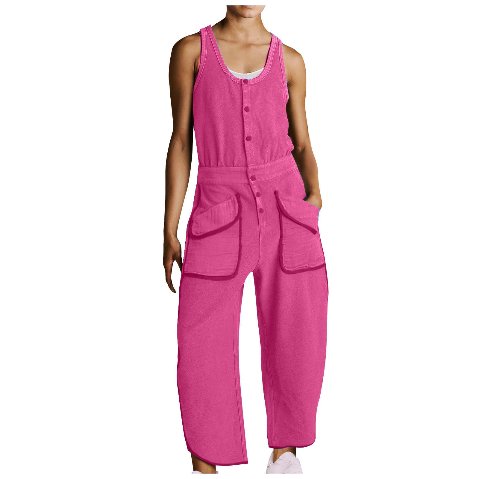 Women's Linen Jumpsuit - Solid Color Sleeveless Romper with Suspenders, Button Front & Pockets | Comfortable Homewear & Resort Outfit for Casual Wear, Vacation, Beach Getaway