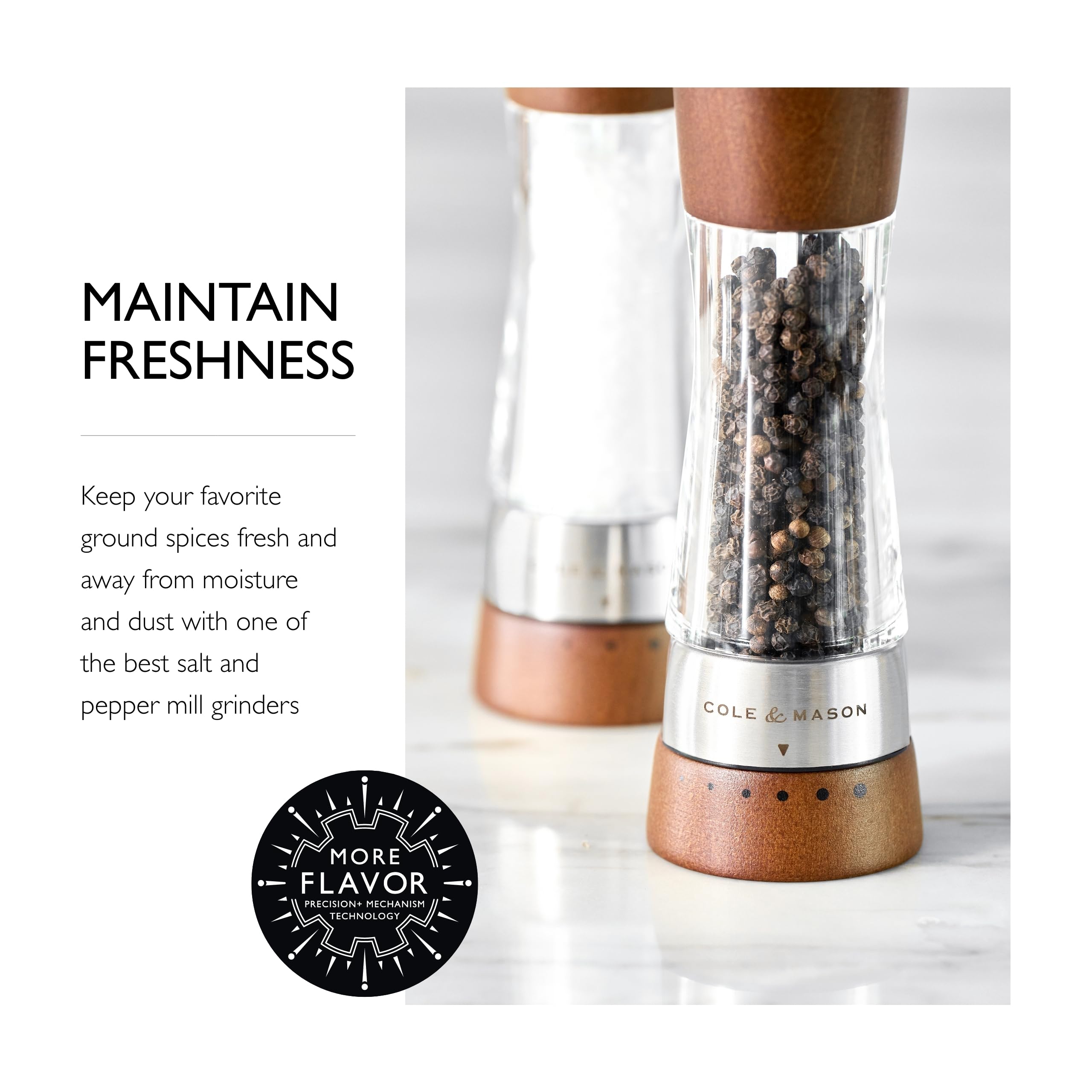 Cole & Mason Derwent Salt and Pepper Grinder Set - Premium Stainless Steel Precision Mechanism with Adjustable Coarseness, Includes Sea Salt & Peppercorns - Elegant Forest Wood Finish for Kitchen, Dining Table & Gourmet Cooking
