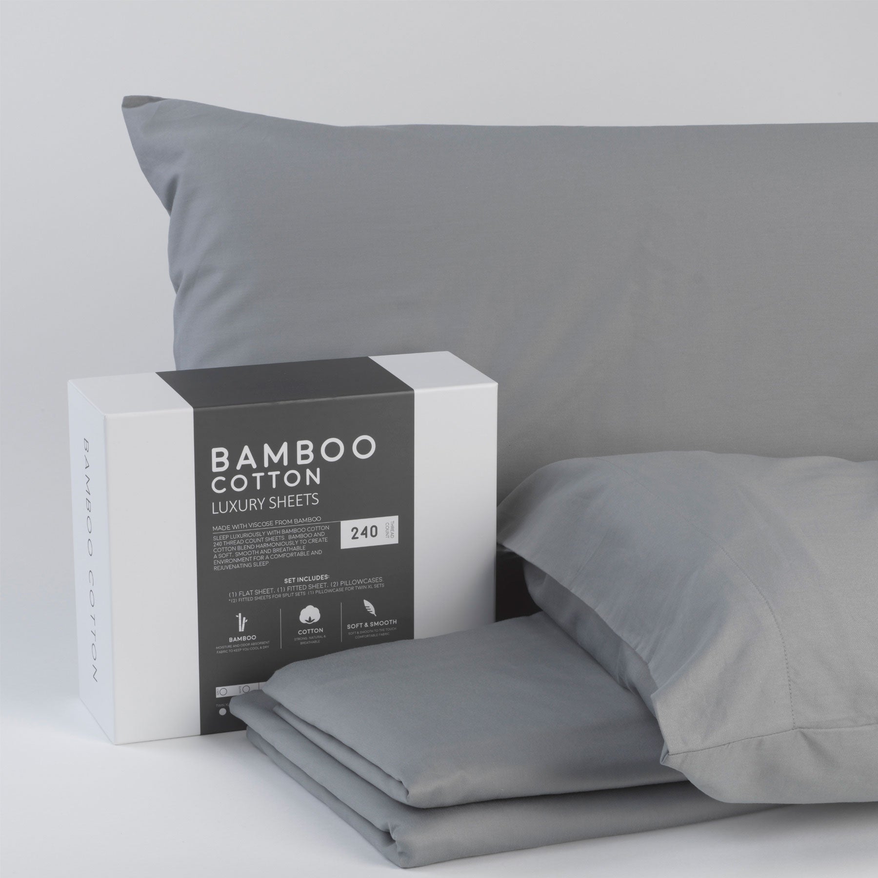Luxury Bamboo Cotton Bed Sheets - Soft & Breathable Viscose from Bamboo - Grey - Perfect for All-Season Comfort in Bedroom & Guest Room