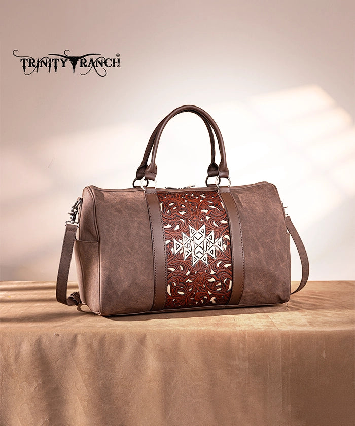 Trinity Ranch Aztec Tooled Leather Weekender Bag - Stylish Travel Duffel for Women & Men - Perfect for Weekend Getaways, Gym, Work & Overnight Trips