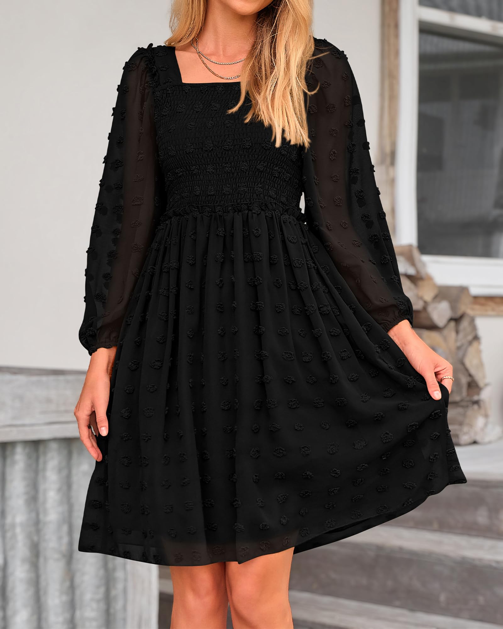 BTFBM Women's Floral Swiss Dot Smocked Mini Dress - Square Neck Long Sleeve Boho Wedding Guest Dress for Spring & Summer 2025 | Perfect for Garden Parties, Bridal Showers & Date Nights