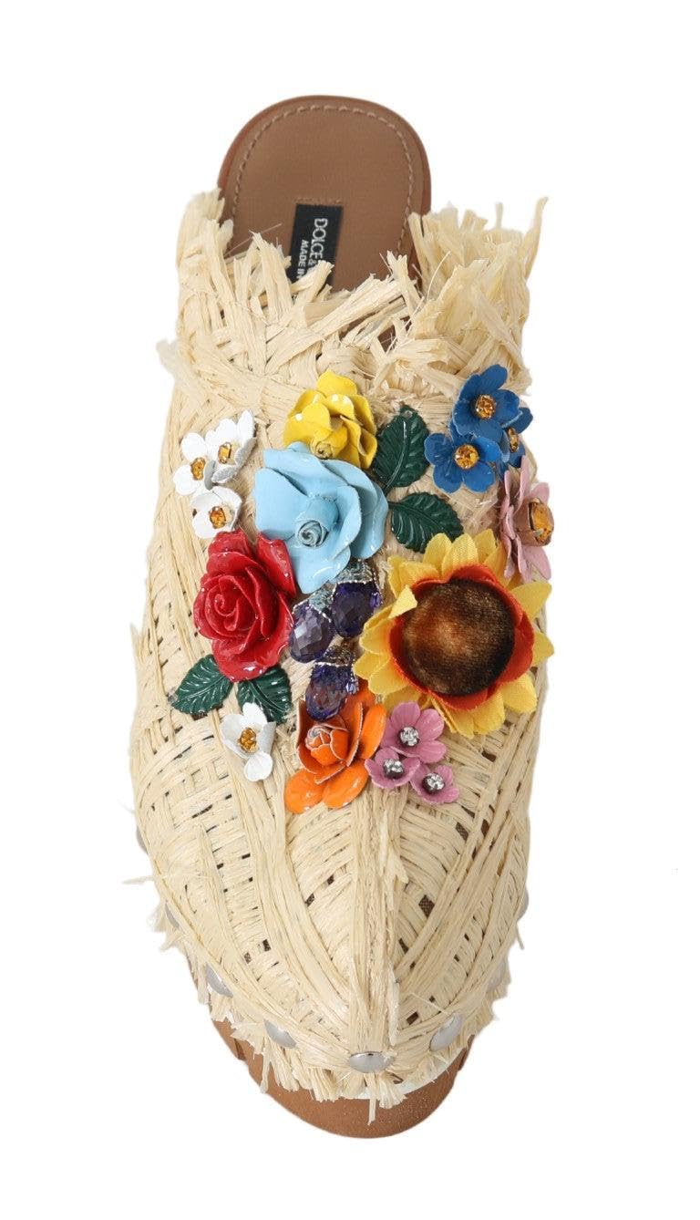 Dolce & Gabbana Women's Beige Raffia Mules with Floral Design - Comfortable Summer Slide Sandals for Beach, Poolside & Casual Outings