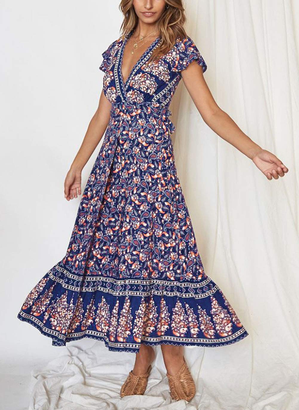 ZESICA Women's 2025 Bohemian Floral Print Wrap V-Neck Short Sleeve Maxi Dress with Side Slit for Beach Party, Summer Vacation & Casual Outings