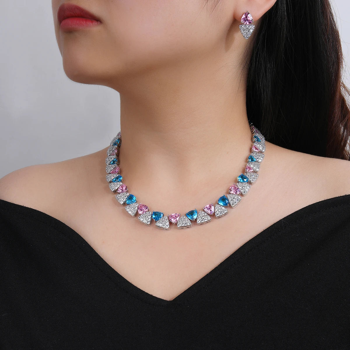 Elegant Multi-Color Cubic Zirconia Heart Necklace & Earrings Set - Perfect for Weddings, Bridal Jewelry, and Special Occasions | CN11332